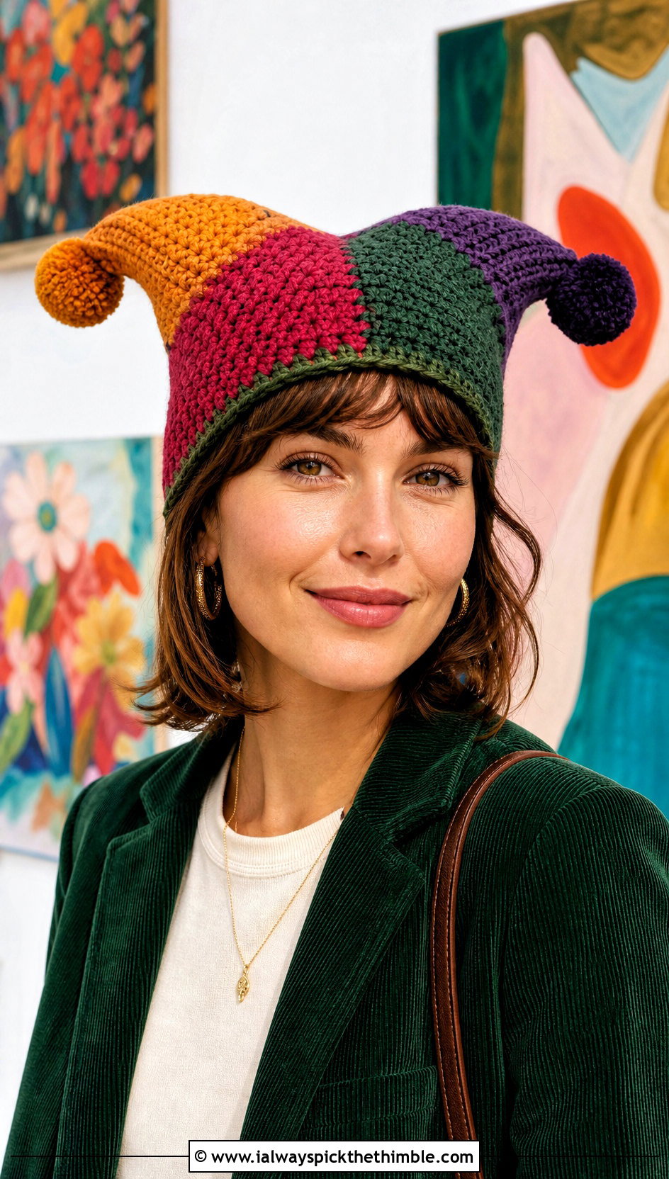 Patchwork Crochet Pomni Hat With Corduroy Suit - 25 Crochet Pomni Hat outfit ideas