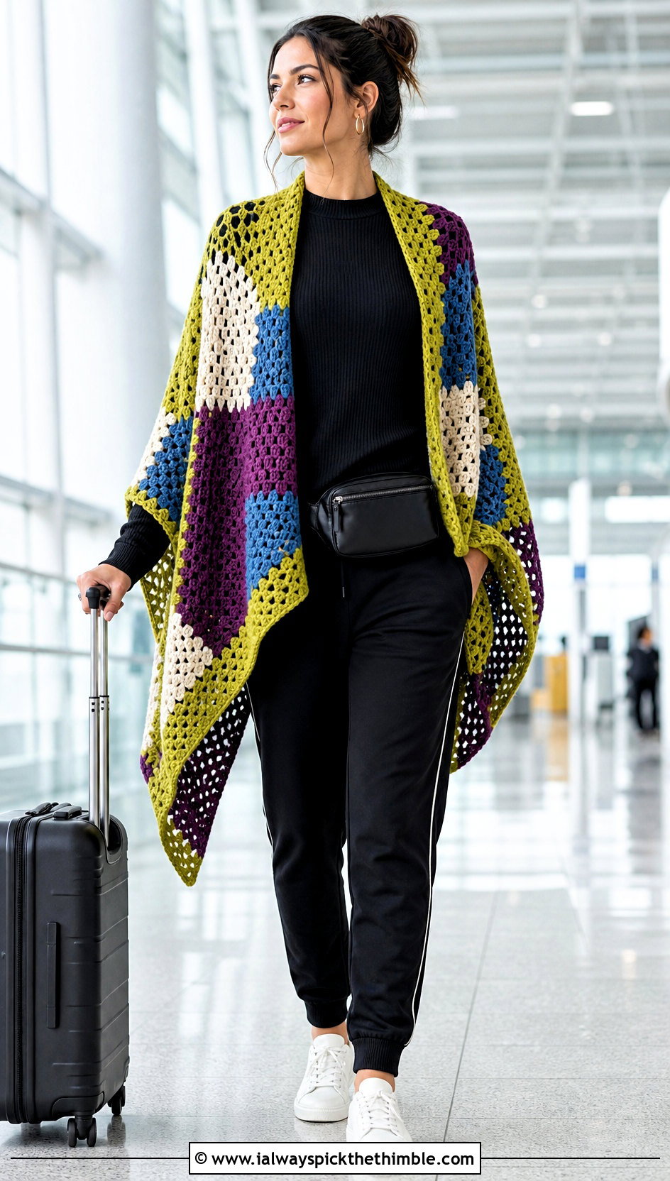 Patchwork Crochet Poncho Shawl With Track Pants - 20 crochet poncho shawl outfit ideas