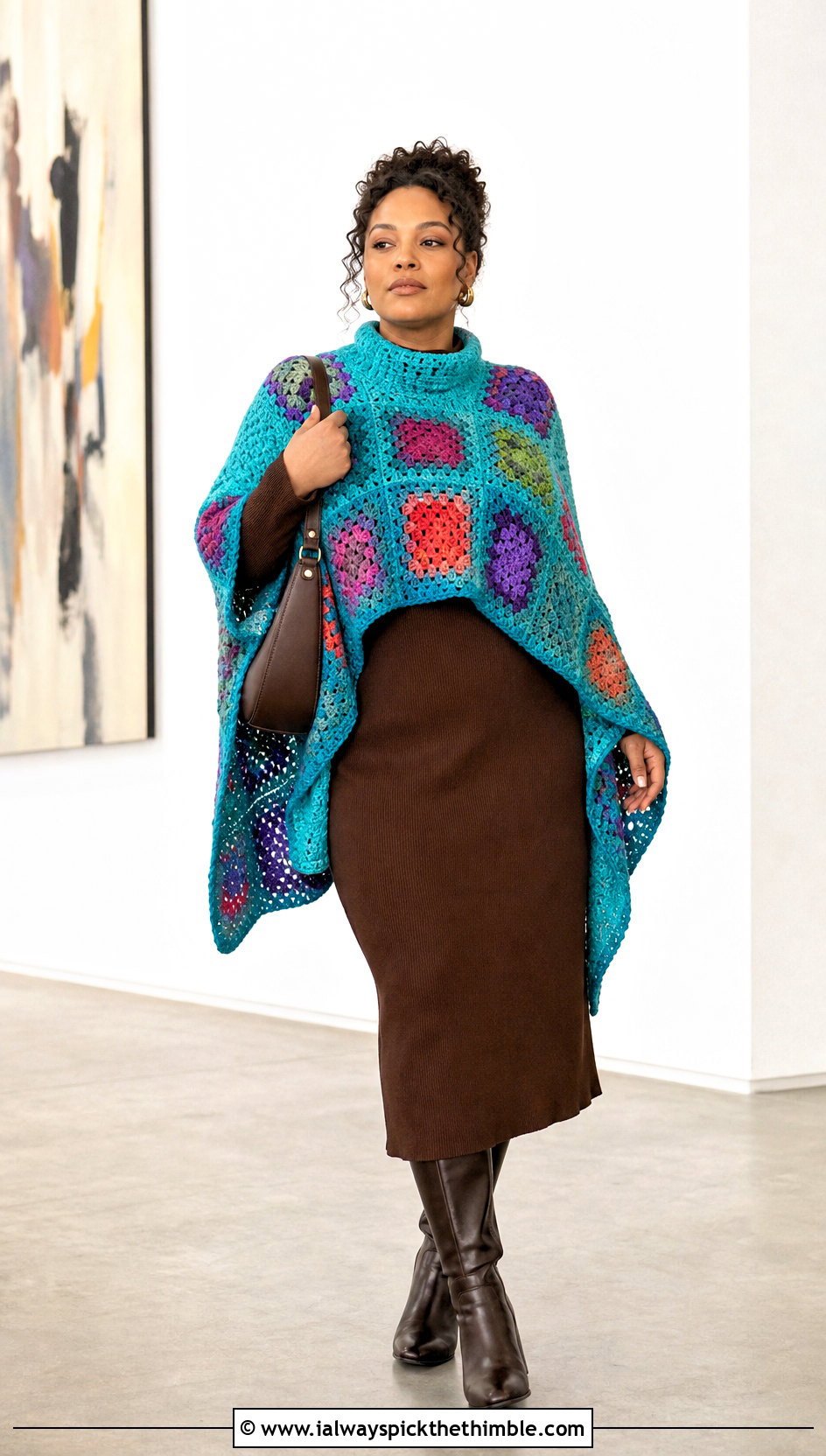 Patchwork Crochet Poncho With Column Dress - 15 Vintage Crochet Poncho outfit ideas