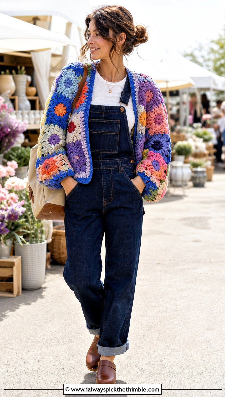 Patchwork Crochet Puff Flower Cardigan With Denim Overalls - 15 Crochet Puff Flower Cardigan outfit ideas