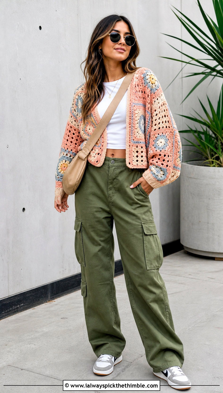 Patchwork Crochet Pullover With Cargo Pants - 20 Easy Crochet Sweater For Women outfit ideas