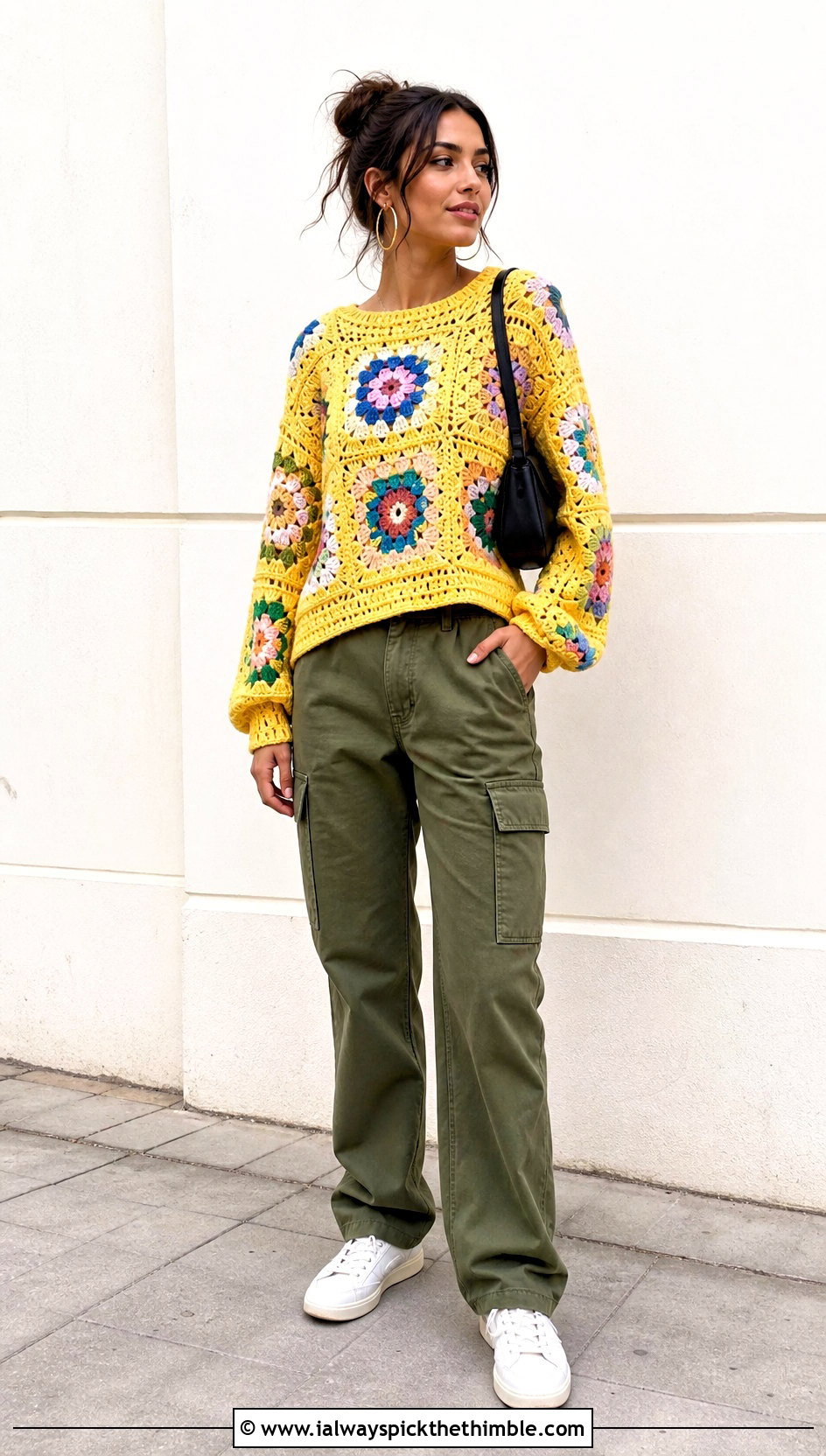 Patchwork Crochet Pullover With Cargo Pants - 15 Bohemian Style Crochet Sweater outfit ideas