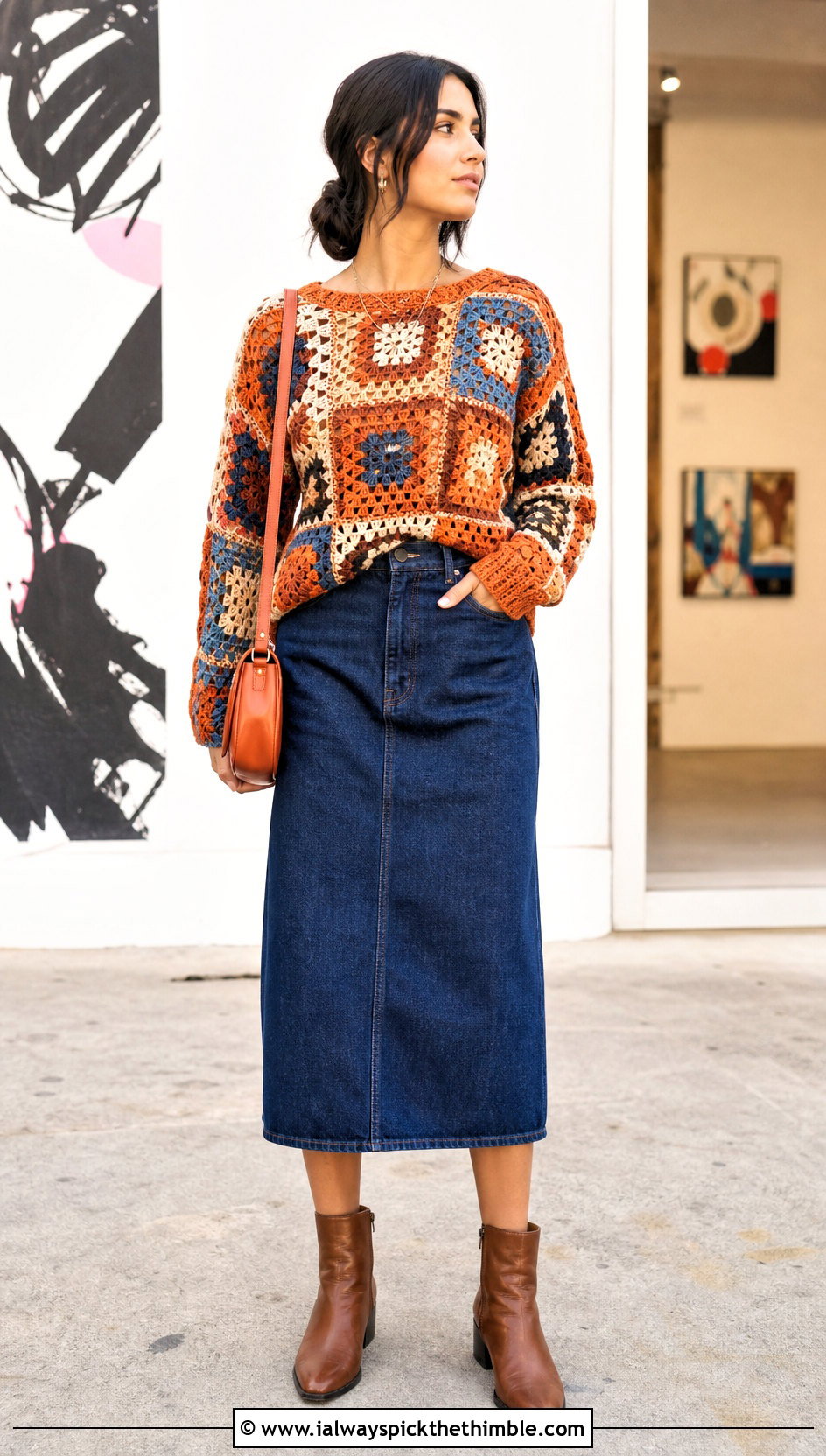 Patchwork Crochet Pullover With Denim Midi Skirt - 20 women crochet pullover outfit ideas