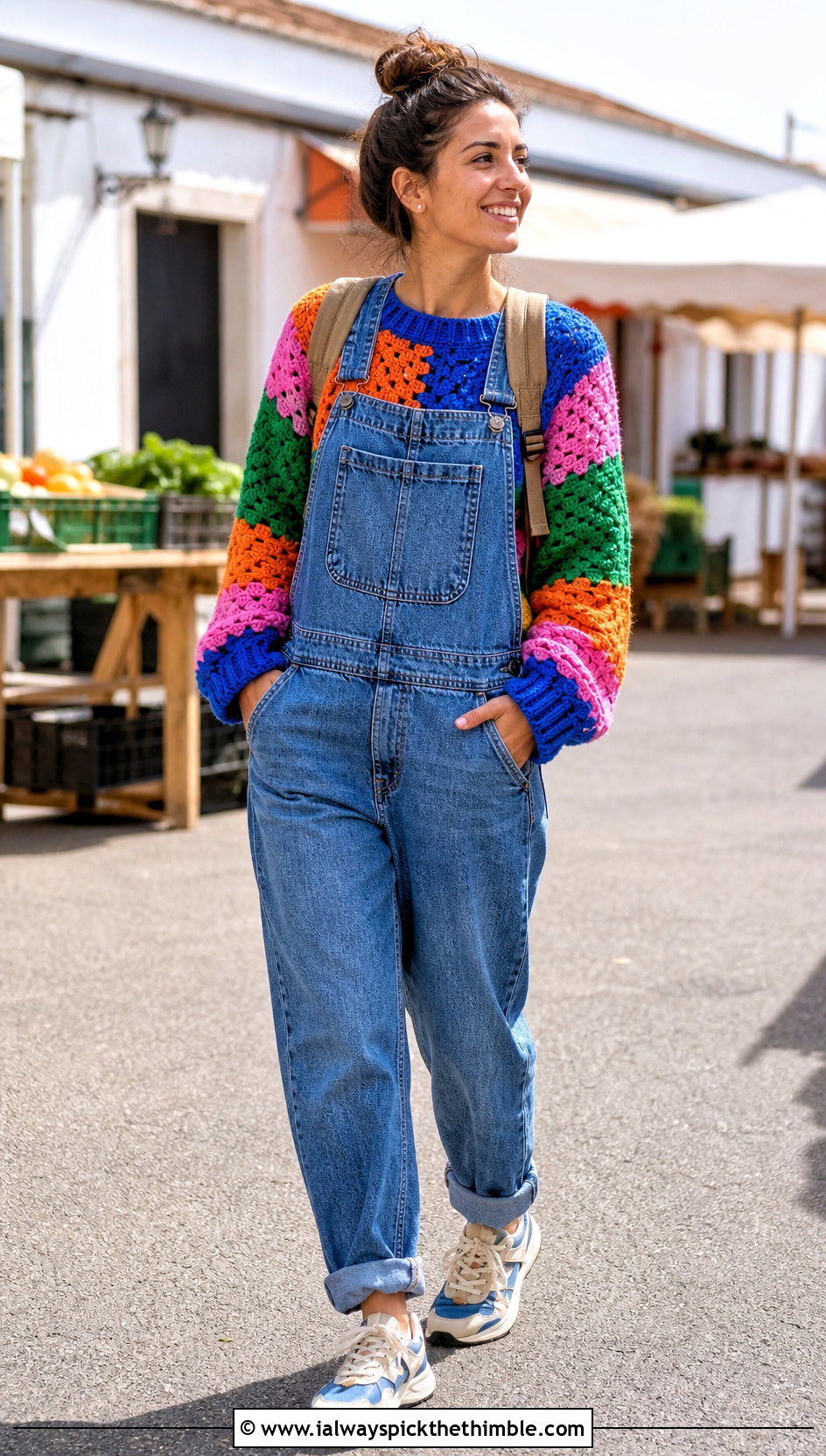 Patchwork Crochet Pullover With Denim Overalls - 25 crochet pullover outfit ideas