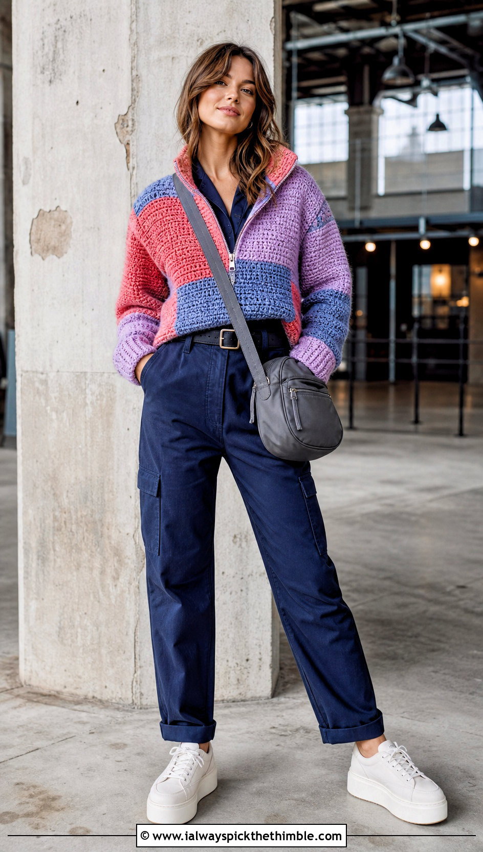Patchwork Crochet Quarter Zip Sweater With Utility Jumpsuit - 20 crochet quarter zip sweater outfit ideas