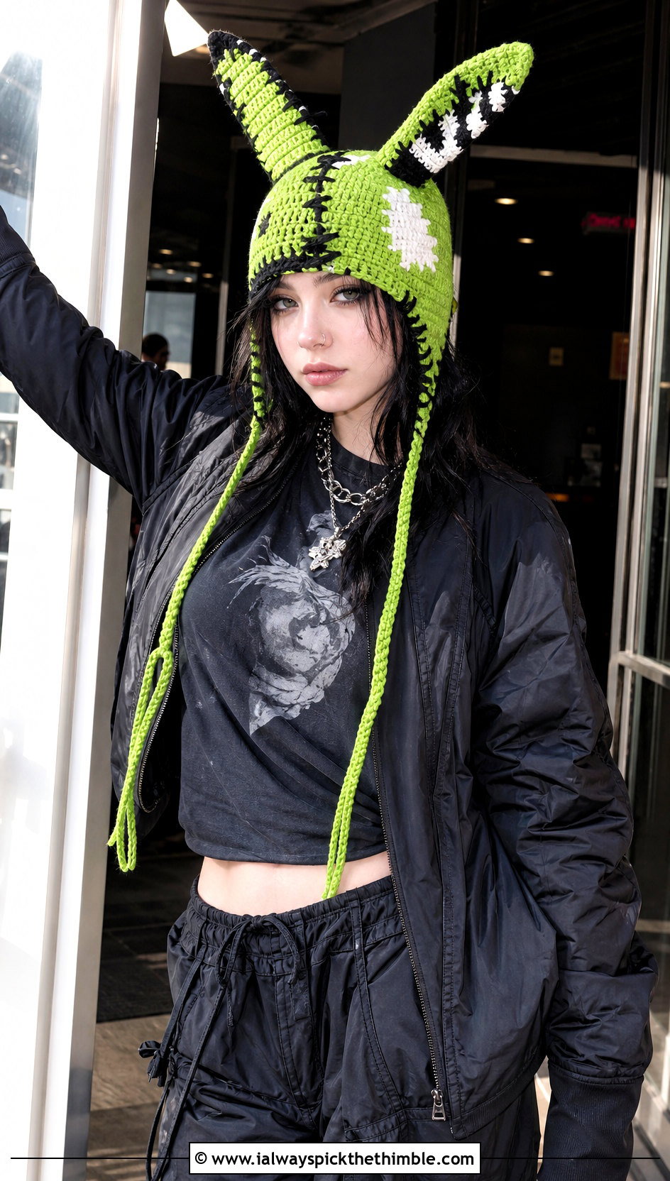 Patchwork Crochet Rabbit Hat With Graphic Tee And Parachute Pants - 15 Sincerity Is Scary Crochet Hat outfit ideas