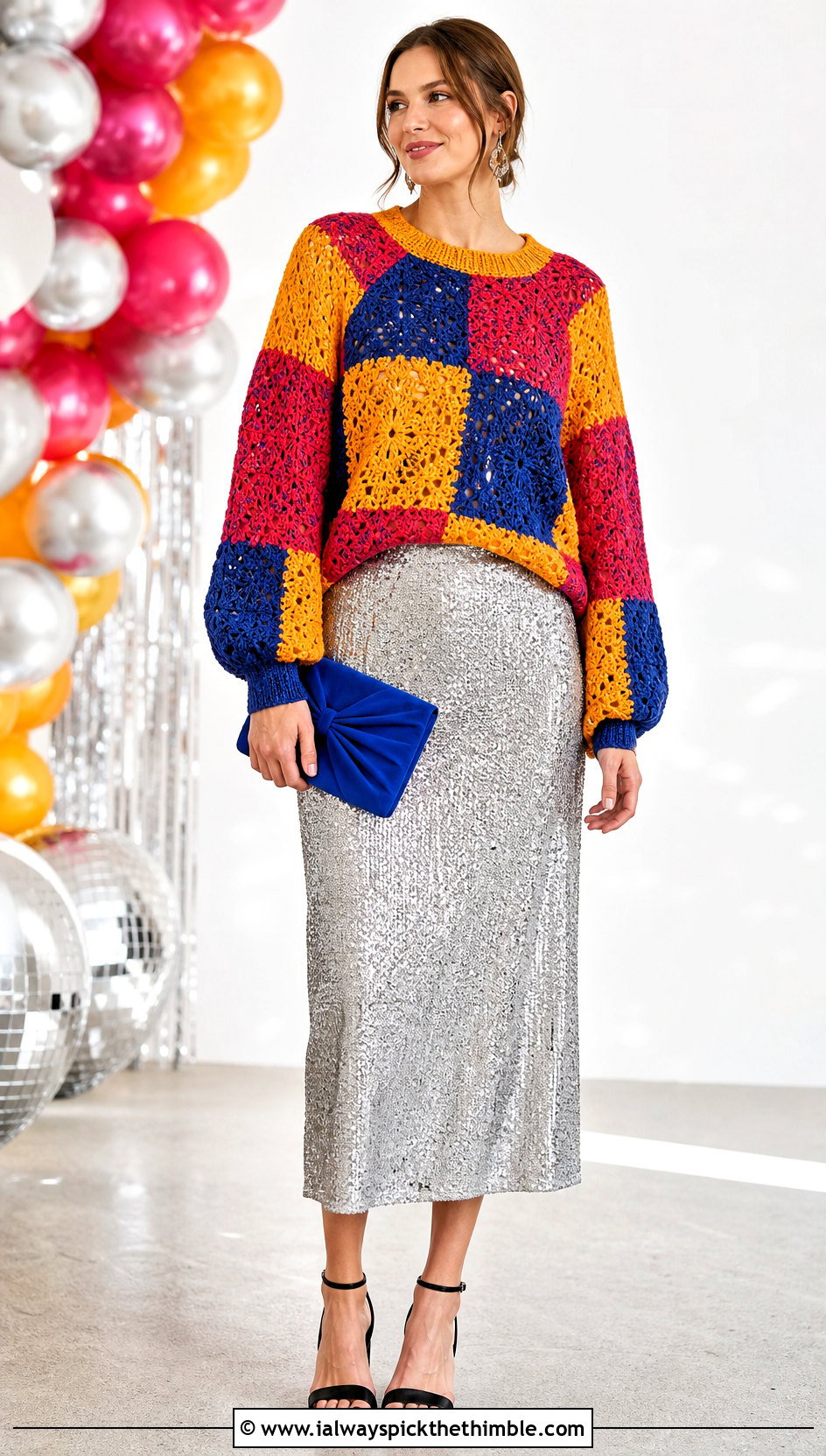 Patchwork Crochet Raglan Sweater With Sequin Midi Skirt - 25 crochet raglan sweater outfit ideas