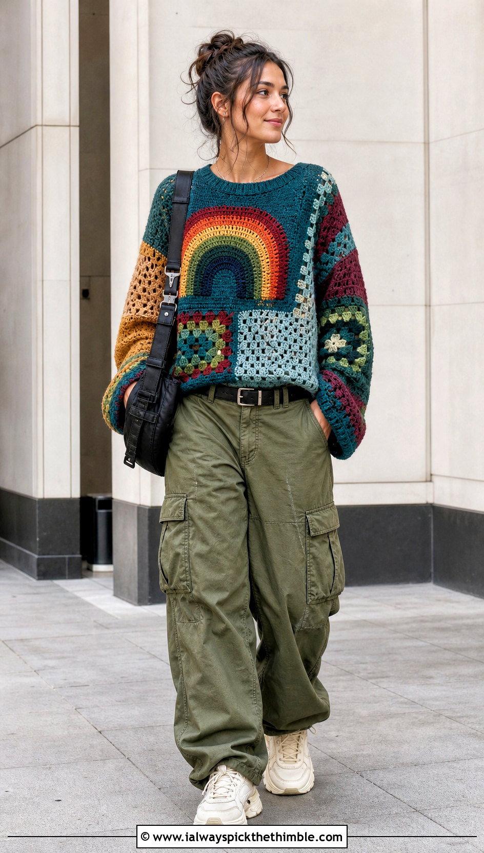 Patchwork Crochet Rainbow Sweater With Cargo Pants - 20 Crochet Rainbow Sweater outfit ideas
