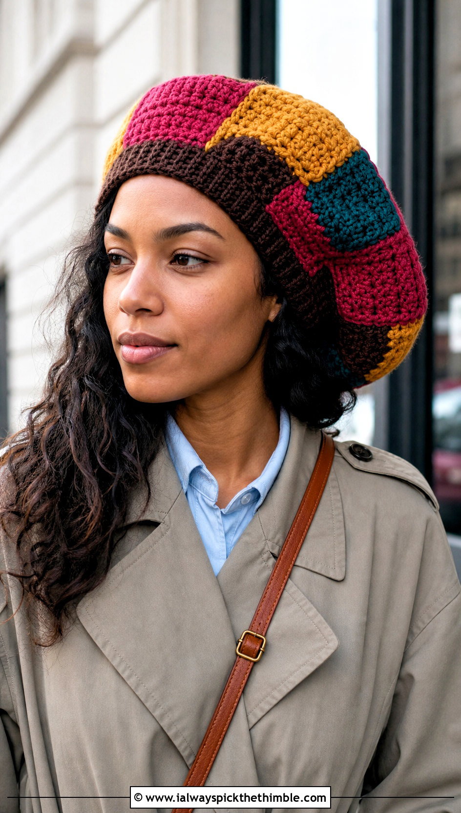 Patchwork Crochet Rasta Tam Hat With Trench Coat - 20 crochet rasta tam hat outfit ideas
