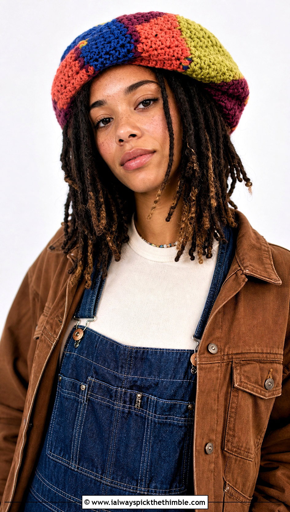 Patchwork Crochet Rasta Tam With Workwear Overalls - 25 crochet rasta hats outfit ideas