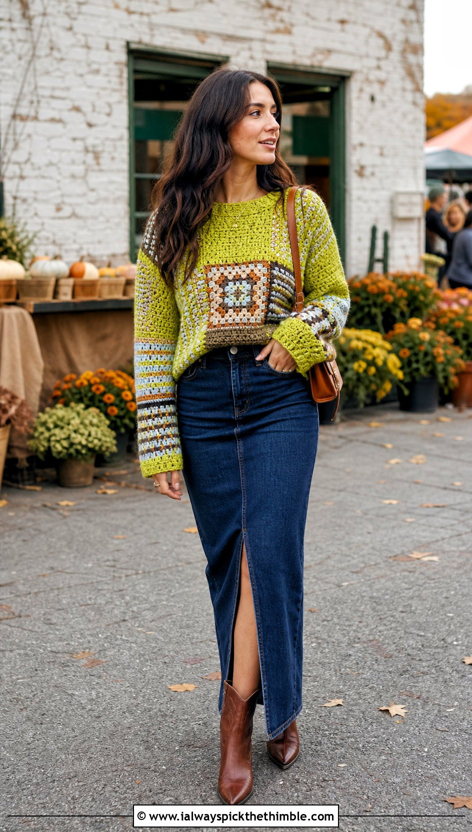 Patchwork Crochet Rory Gilmore Sweater With Denim Maxi Skirt - 20 crochet rory gilmore sweater outfit ideas