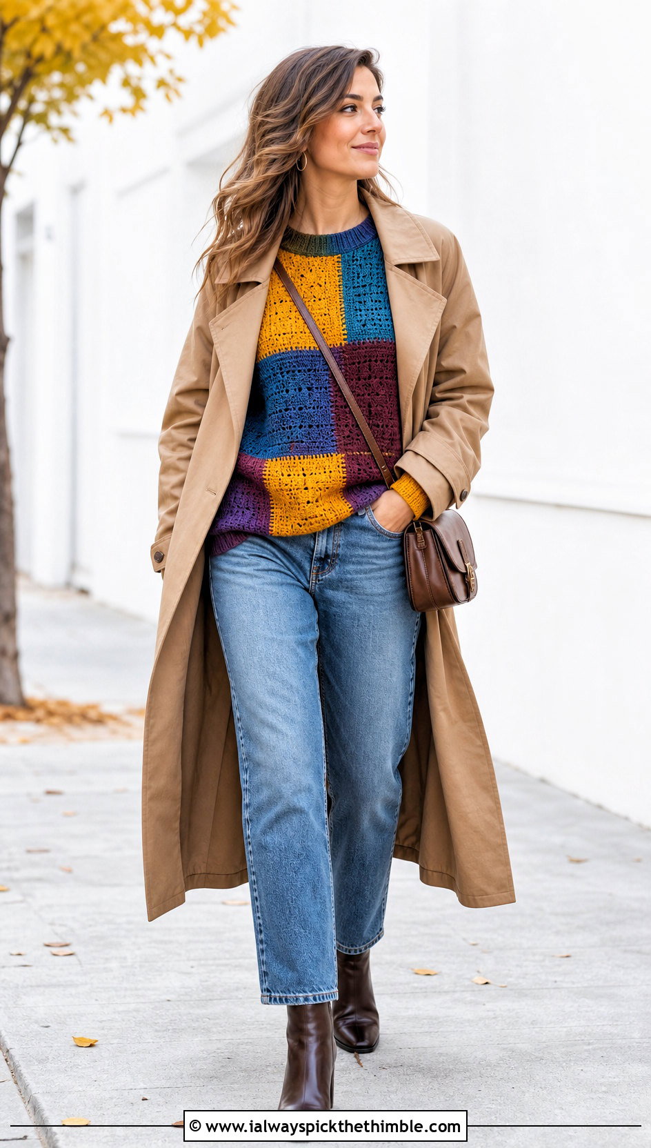 Patchwork Crochet Round Sweater With Trench Coat And Jeans - 15 crochet round sweater outfit ideas