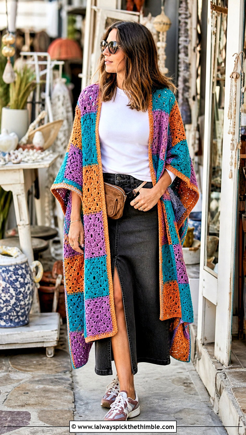 Patchwork Crochet Ruana With Utility Midi Skirt - 25 crochet ruana outfit ideas
