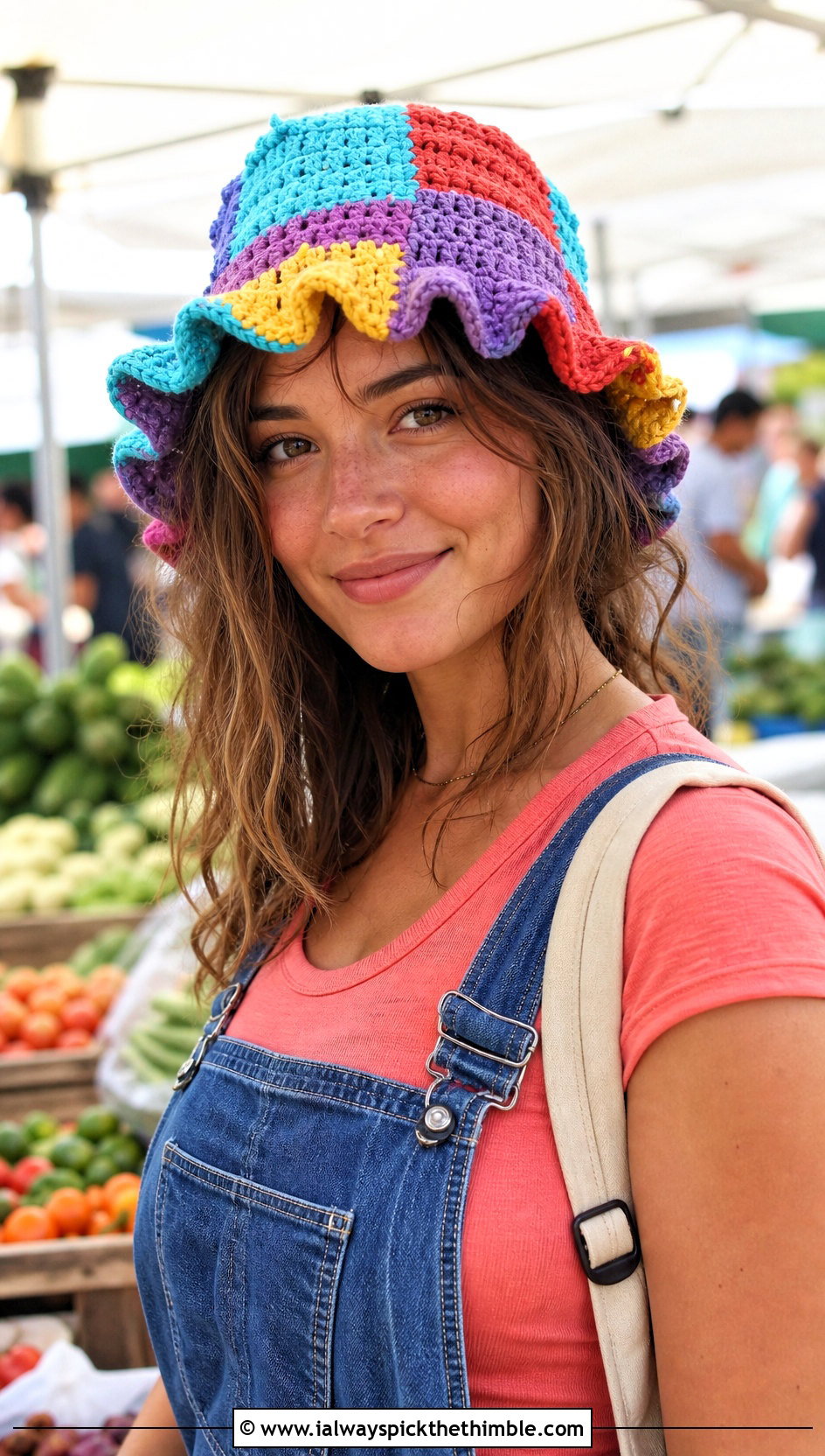 Patchwork Crochet Ruffle Bucket Hat With Denim Overalls - 25 crochet ruffle bucket hat outfit ideas