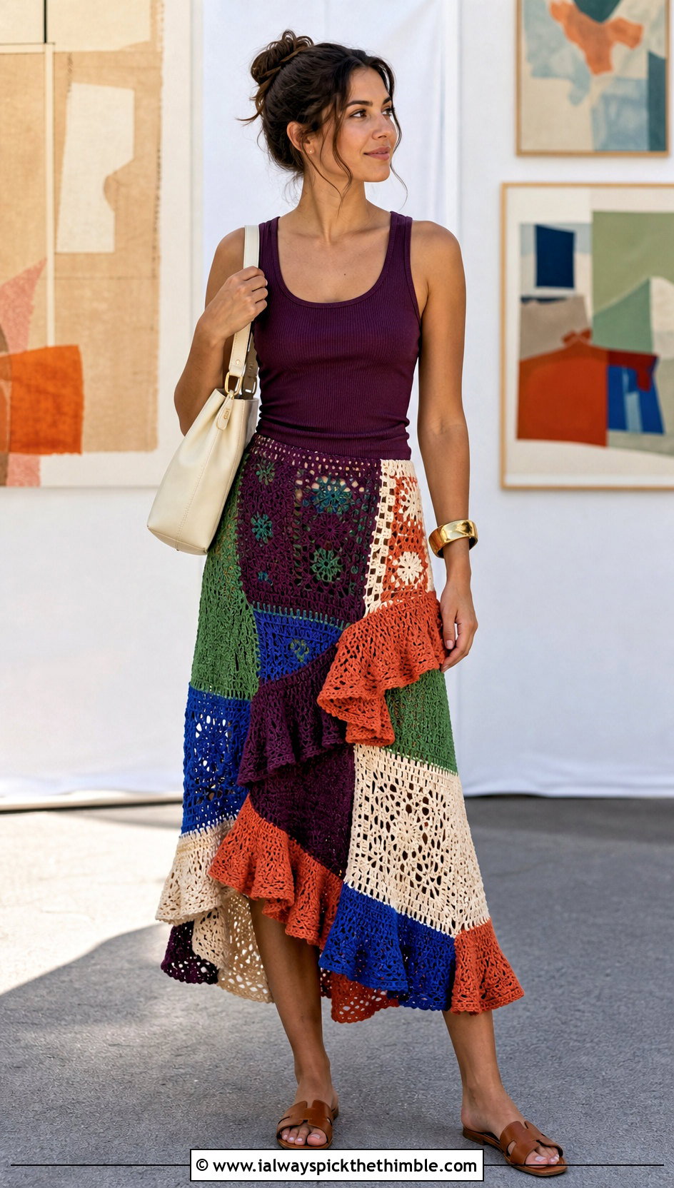 Patchwork Crochet Ruffle Skirt With Minimal Tank - 25 crochet ruffle skirt outfit ideas