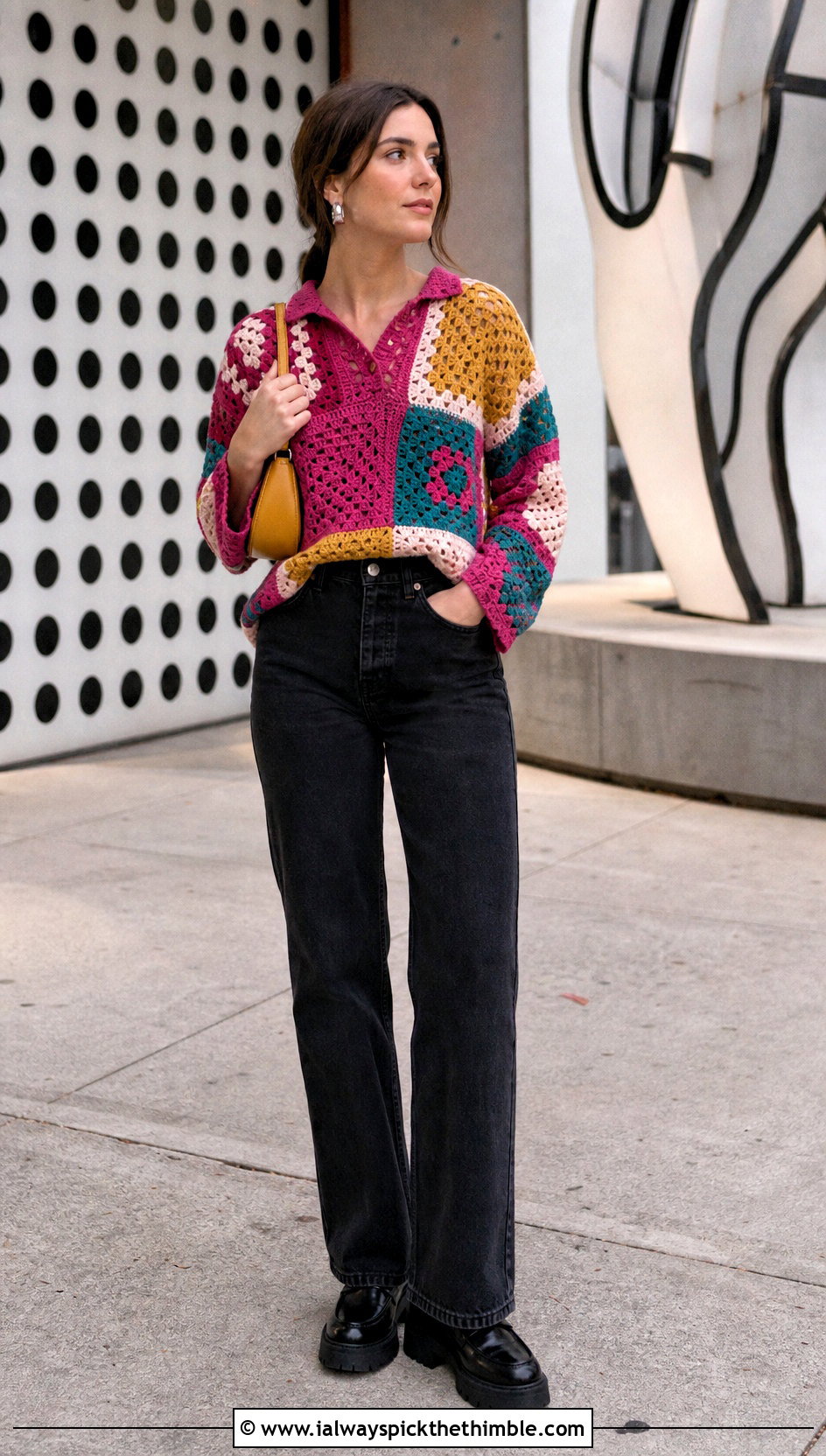 Patchwork Crochet Rugby Shirt With Black Jeans - 20 Crochet Rugby Shirt outfit ideas