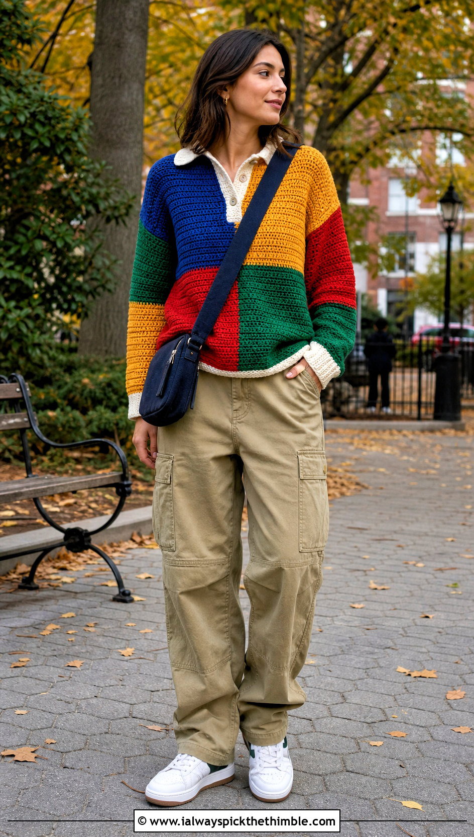 Patchwork Crochet Rugby Top With Cargo Pants - 20 crochet fall tops outfit ideas