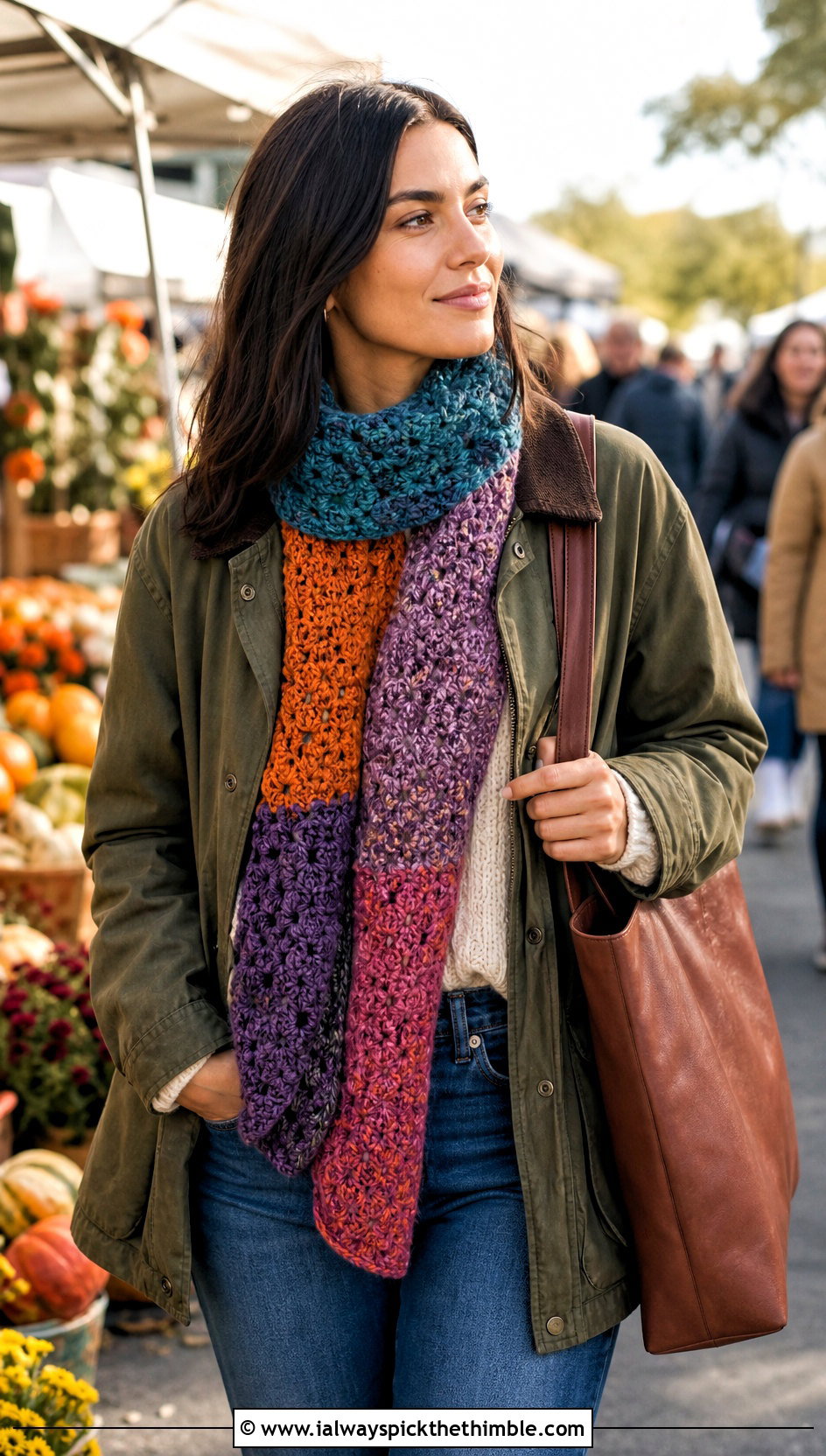 Patchwork Crochet Scarf With Barn Jacket - 25 crochet neck scarf outfit ideas