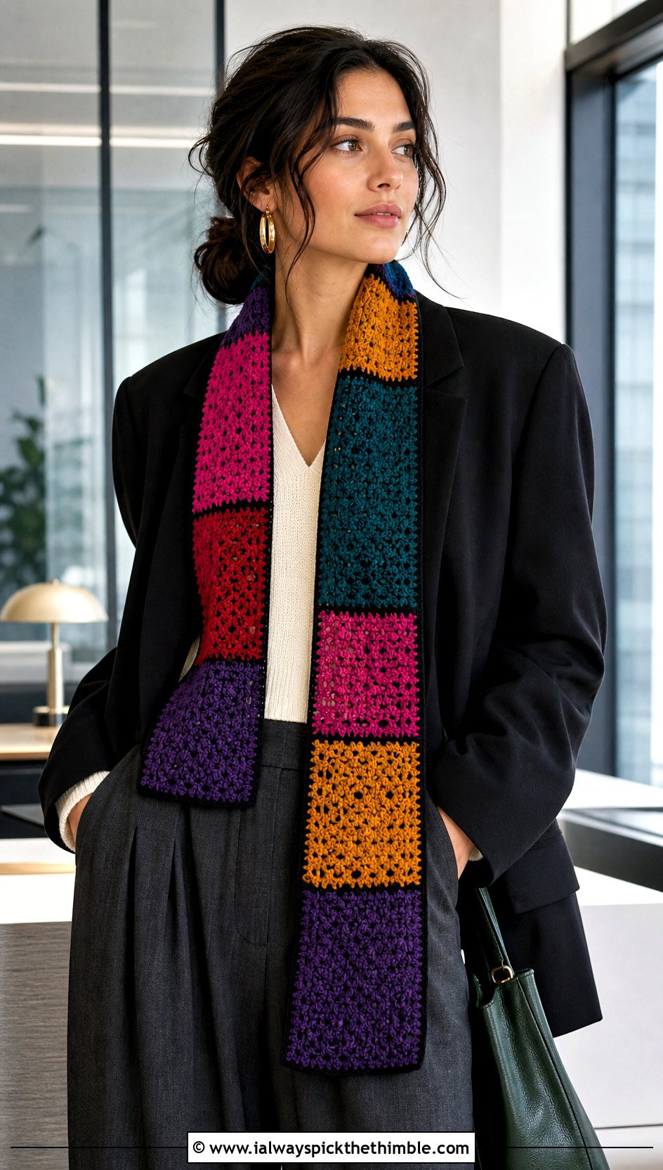 Patchwork Crochet Scarf With Black Blazer - 20 multi colored crochet scarf outfit ideas