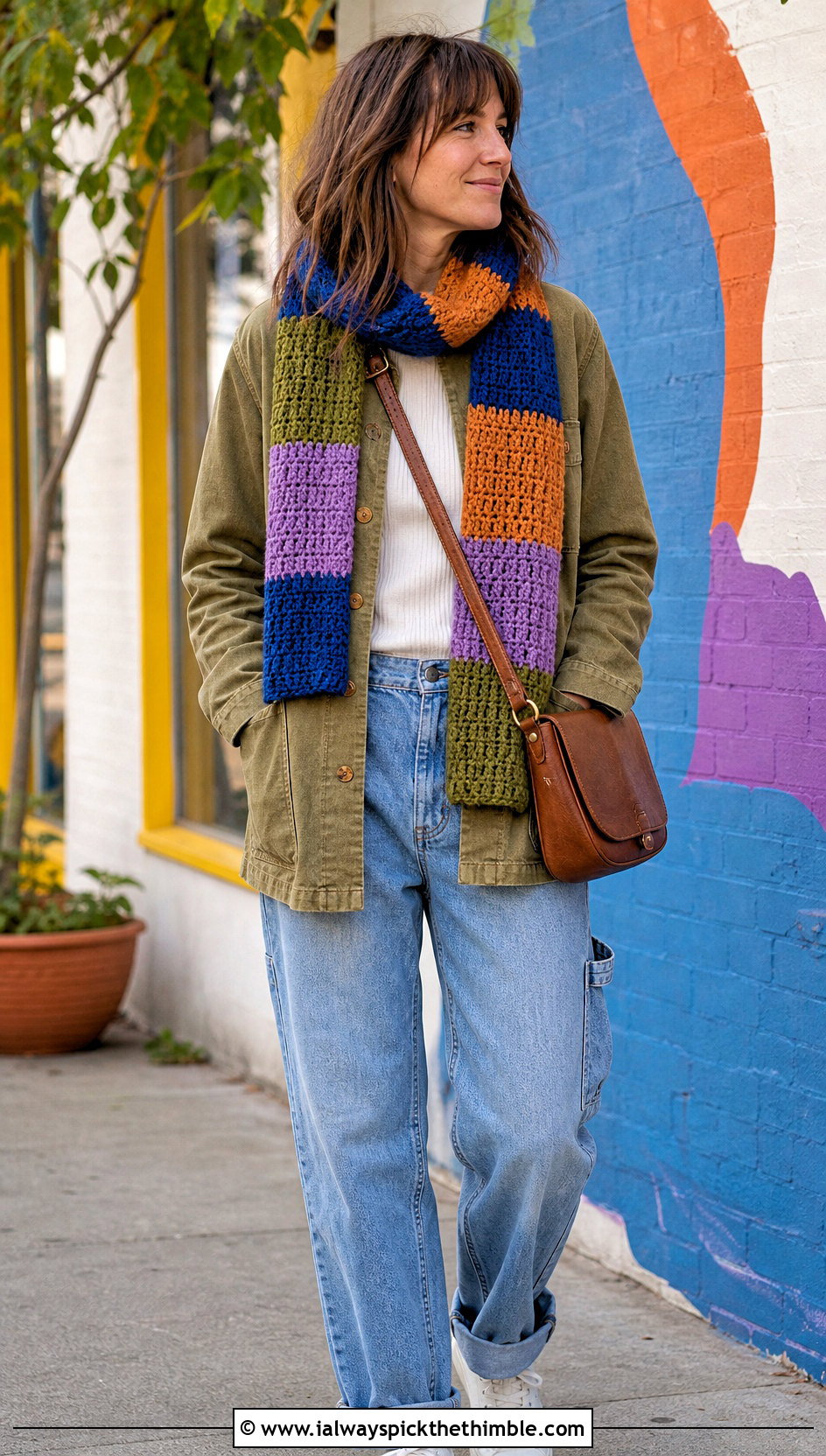 Patchwork Crochet Scarf With Chore Coat And Carpenter Jeans - 25 crochet scarf outfit ideas