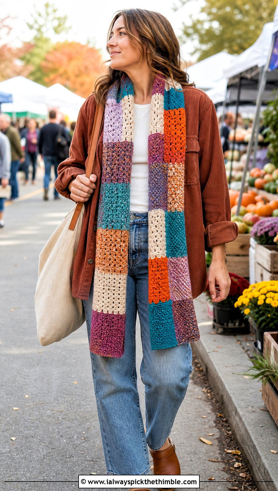 Patchwork Crochet Scarf With Corduroy Overshirt - 20 Crochet Fun Scarf outfit ideas
