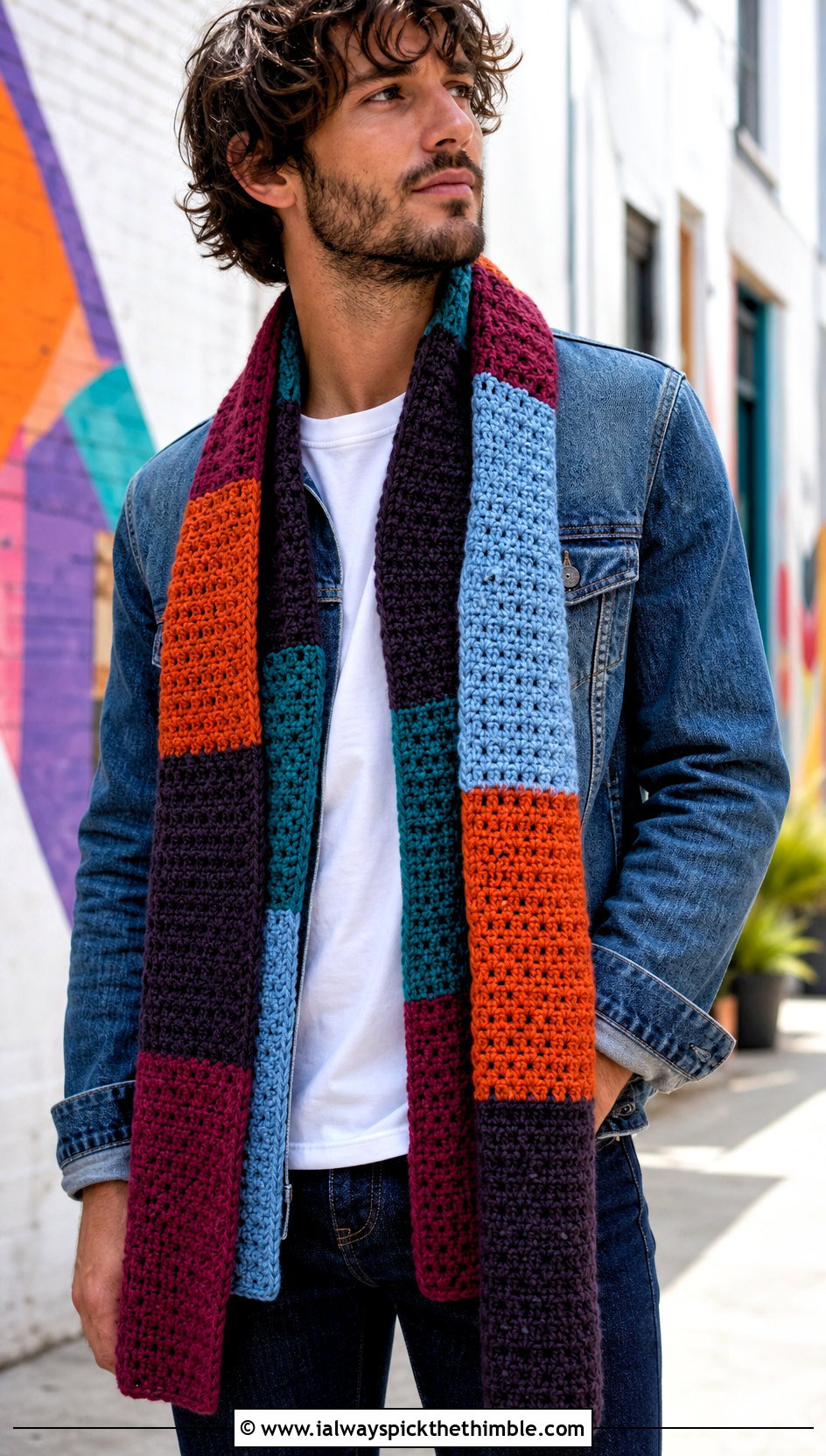 Patchwork Crochet Scarf With Double Denim - 20 Mens Crochet Scarf outfit ideas