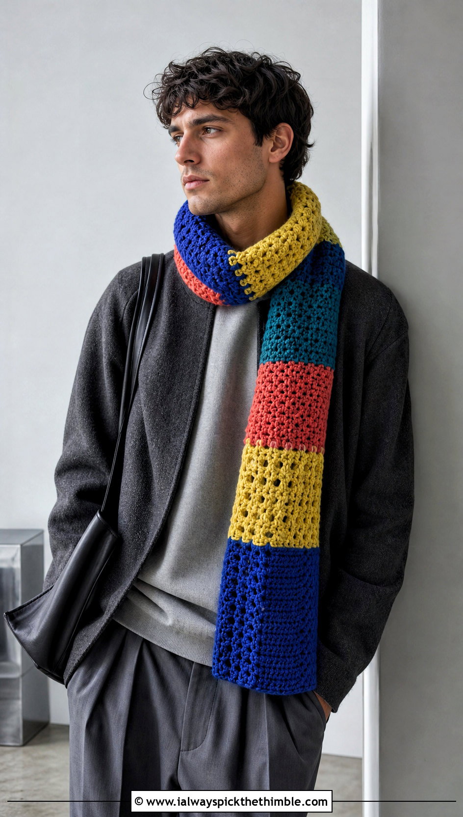 Patchwork Crochet Scarf With Monochrome Outfit - 25 men's crochet scarf outfit ideas