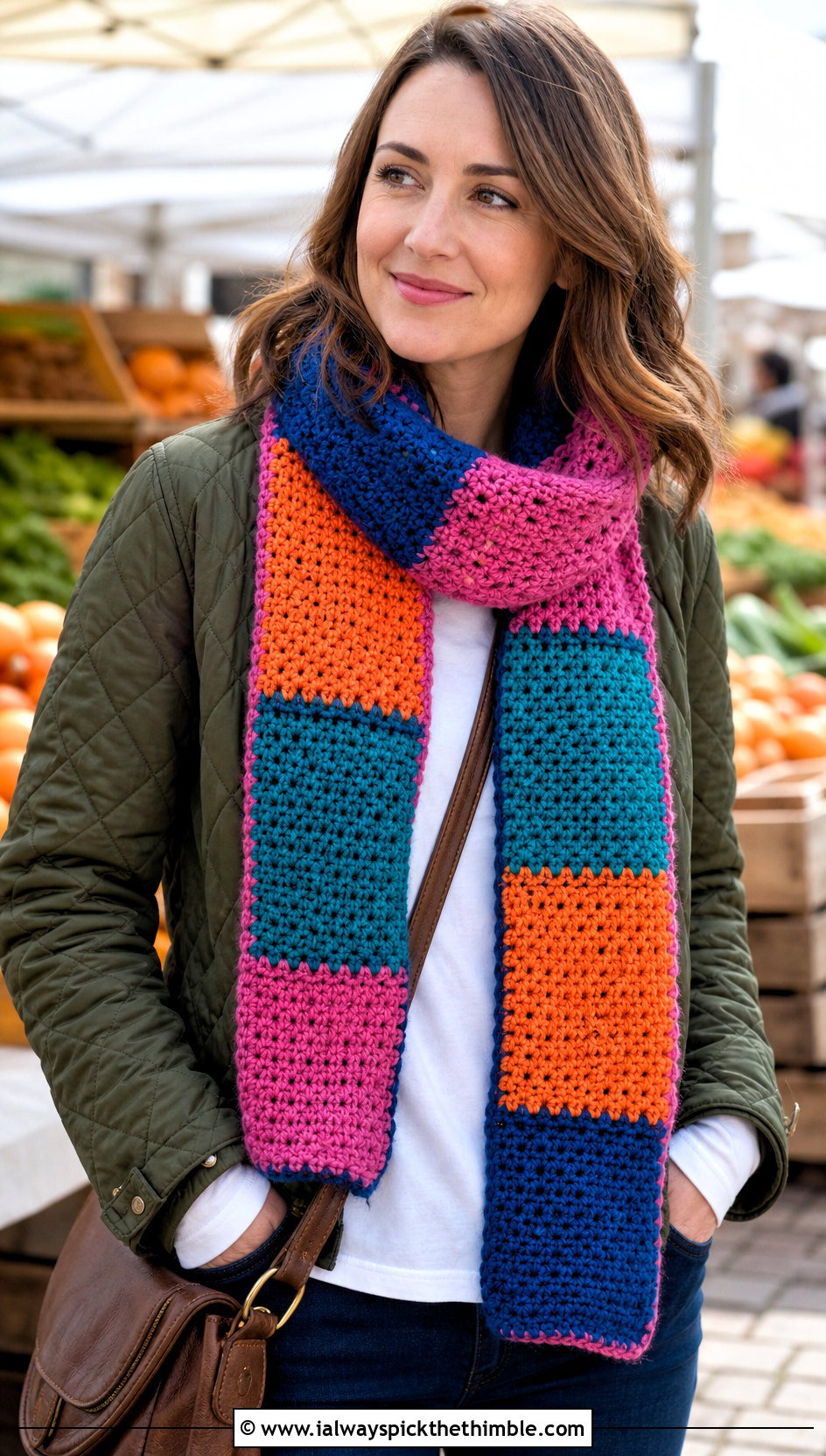 Patchwork Crochet Scarf With Quilted Jacket - 20 pretty crochet scarf outfit ideas