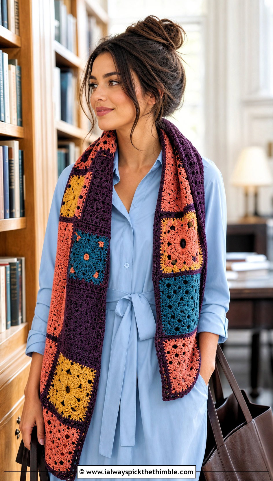 Patchwork Crochet Scarf With Shirt Dress - 20 boho crochet scarf outfit ideas