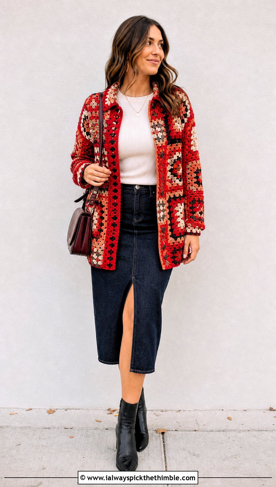 Patchwork Crochet Shacket With Denim Midi Skirt - 20 crochet clothes jacket outfit ideas