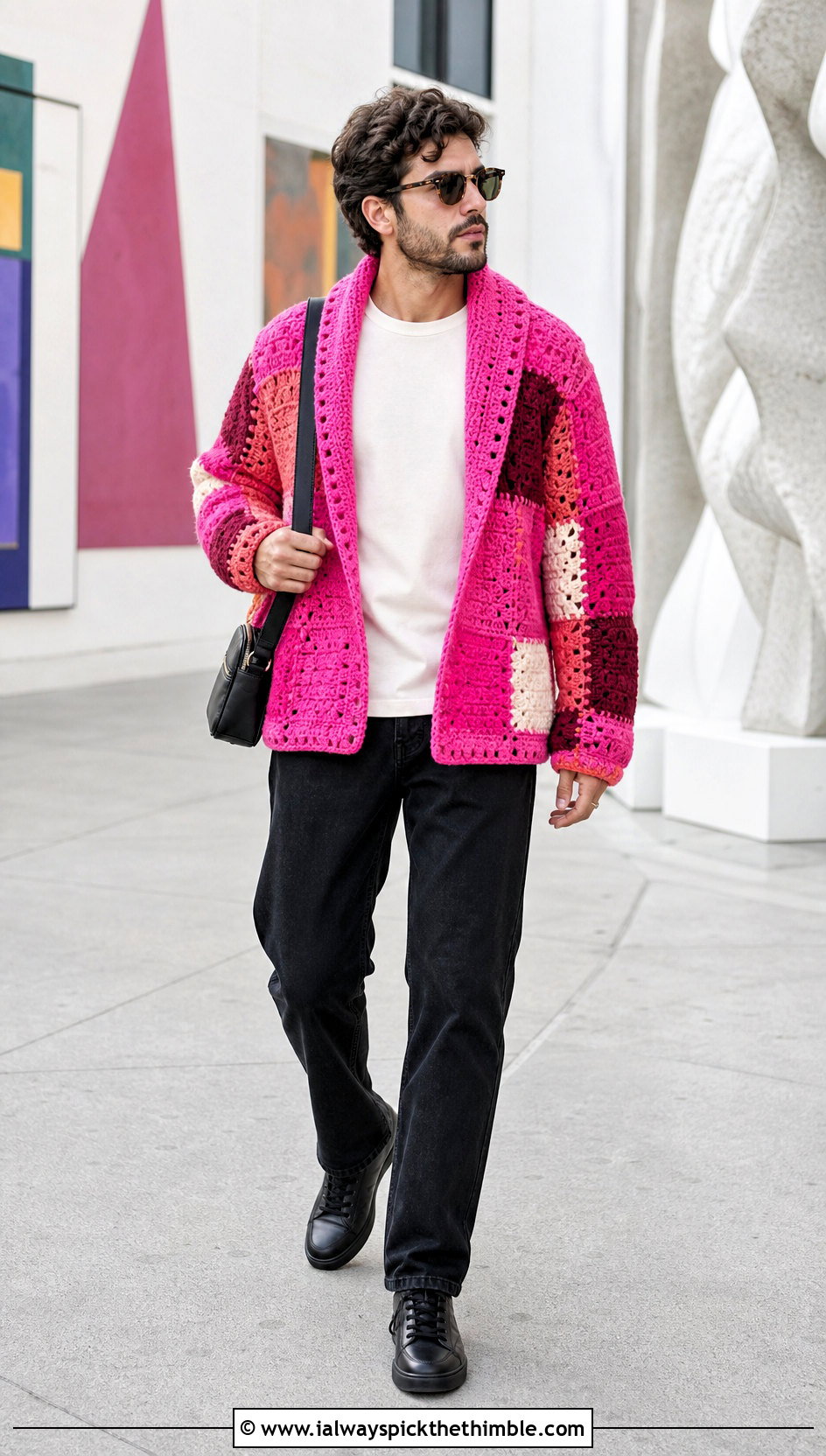 Patchwork Crochet Shawl Collar Cardigan With Black Denim - 20 Mens Crochet Shawl Collar Cardigan outfit ideas