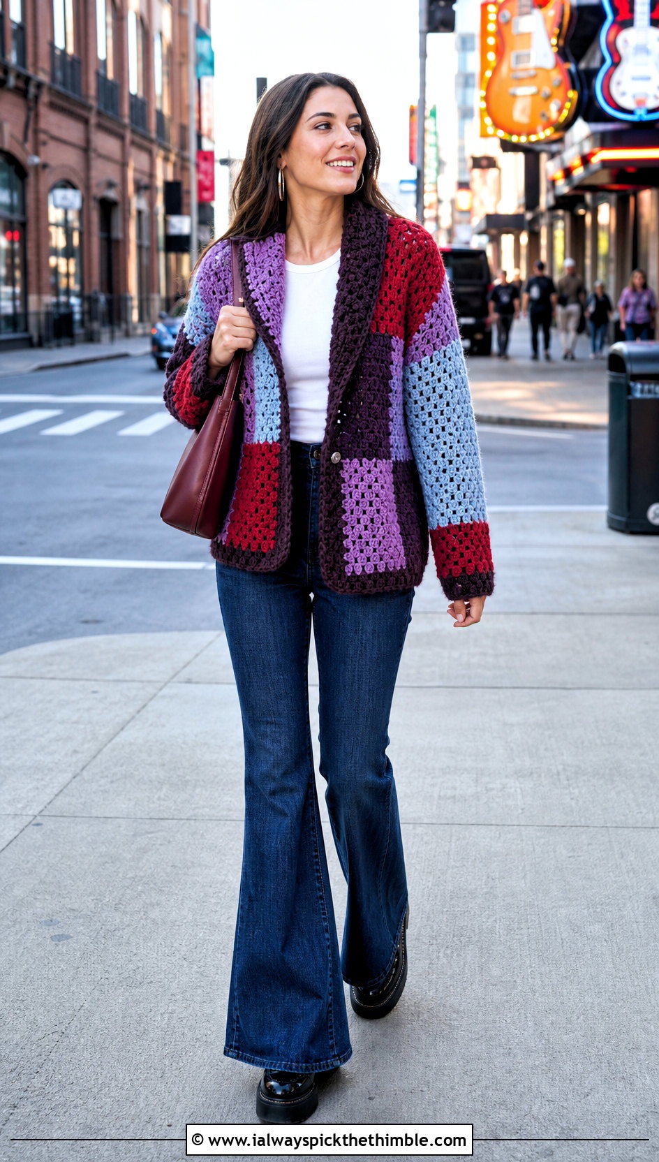 Patchwork Crochet Shawl Collar Sweater With Flare Jeans - 20 Crochet Shawl Collar Sweater outfit ideas