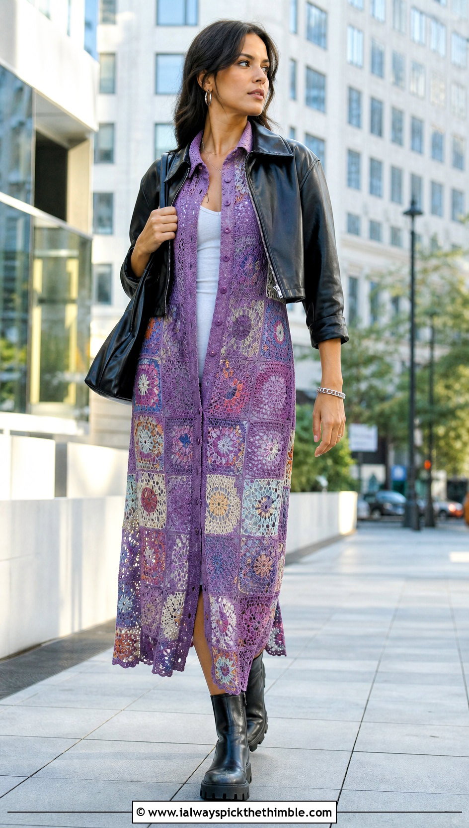 Patchwork Crochet Shirt Dress With Leather Jacket - 25 crochet shirt dress outfit ideas