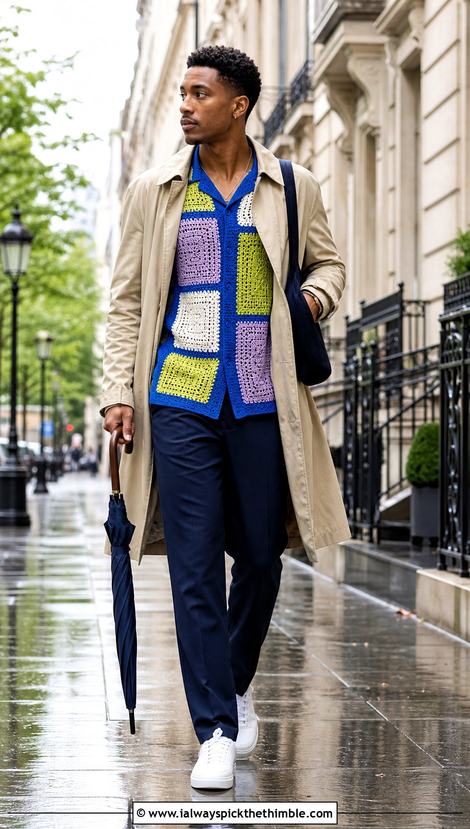 Patchwork Crochet Shirt With A Trench Coat - 25 crochet mens shirt outfit ideas