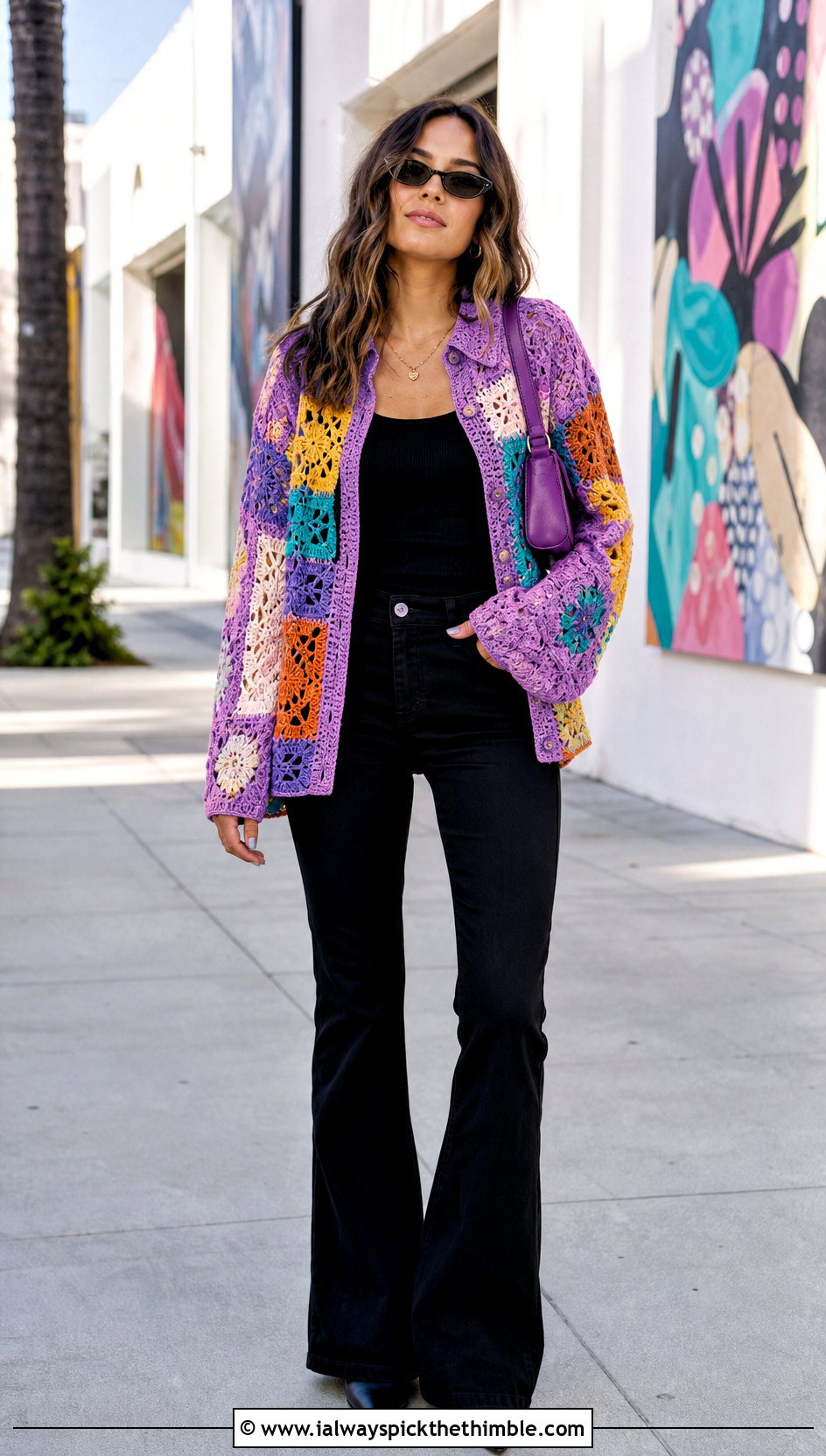 Patchwork Crochet Shirt With Black Bootcut Jeans - 25 crochet shirts outfit ideas