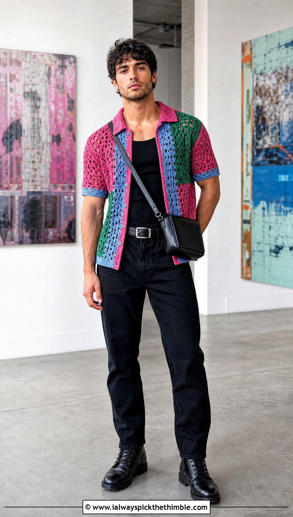 Patchwork Crochet Shirt With Black Jeans - 25 crochet man shirt outfit ideas