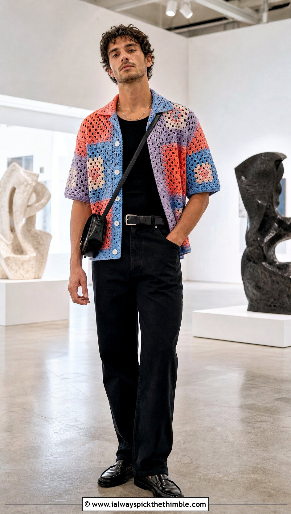 Patchwork Crochet Shirt With Black Jeans - 20 crochet clothes men ideas