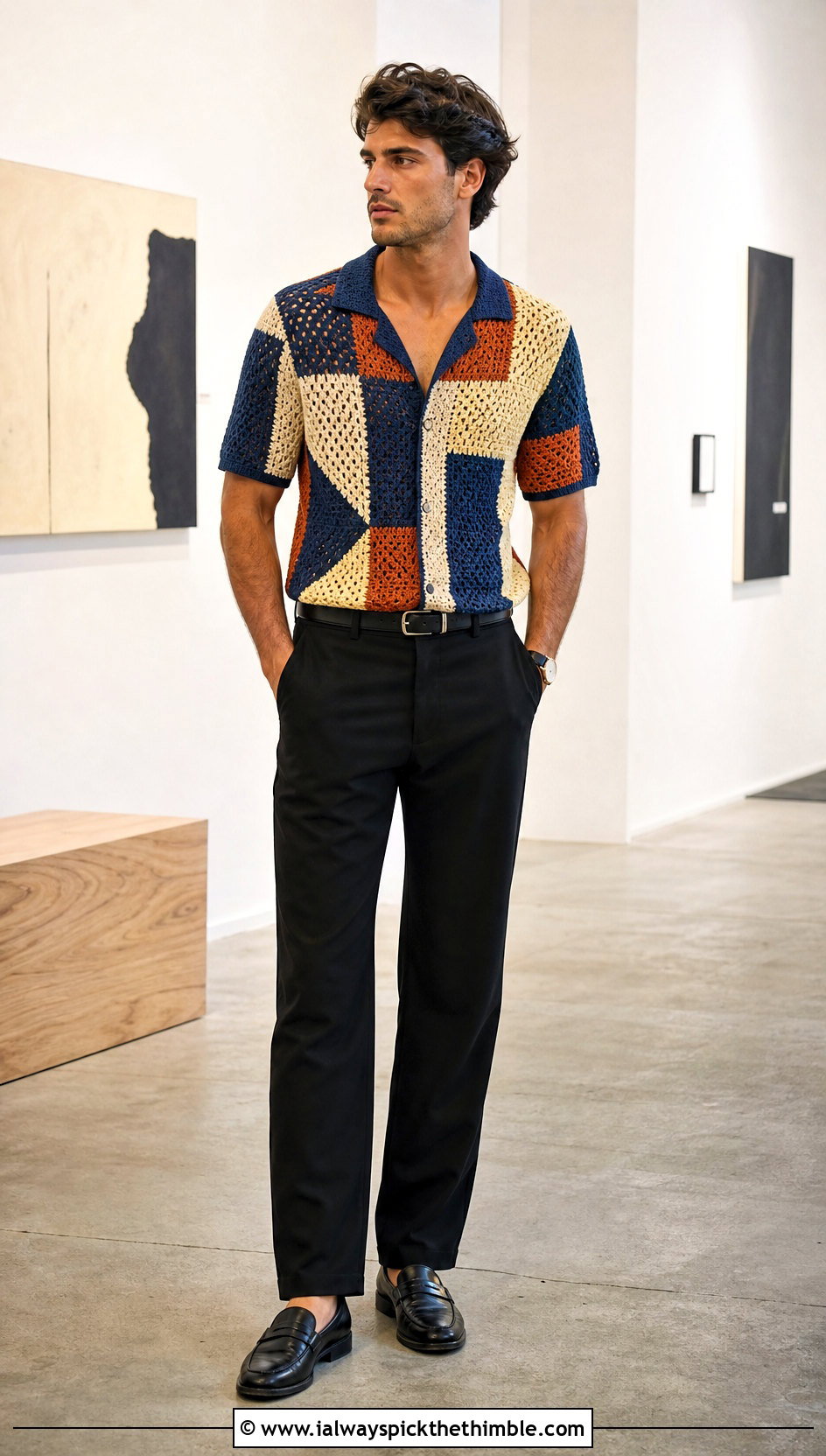 Patchwork Crochet Shirt With Black Trousers - 15 crochet tops for men outfit ideas
