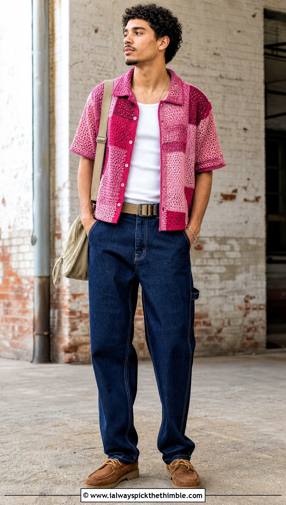 Patchwork Crochet Shirt With Carpenter Jeans - 25 crochet men shirt outfit ideas