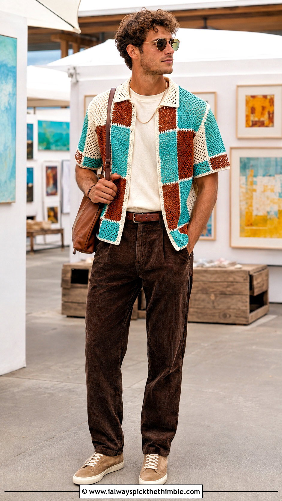 Patchwork Crochet Shirt With Corduroy Pants - 25 crochet top men outfit ideas
