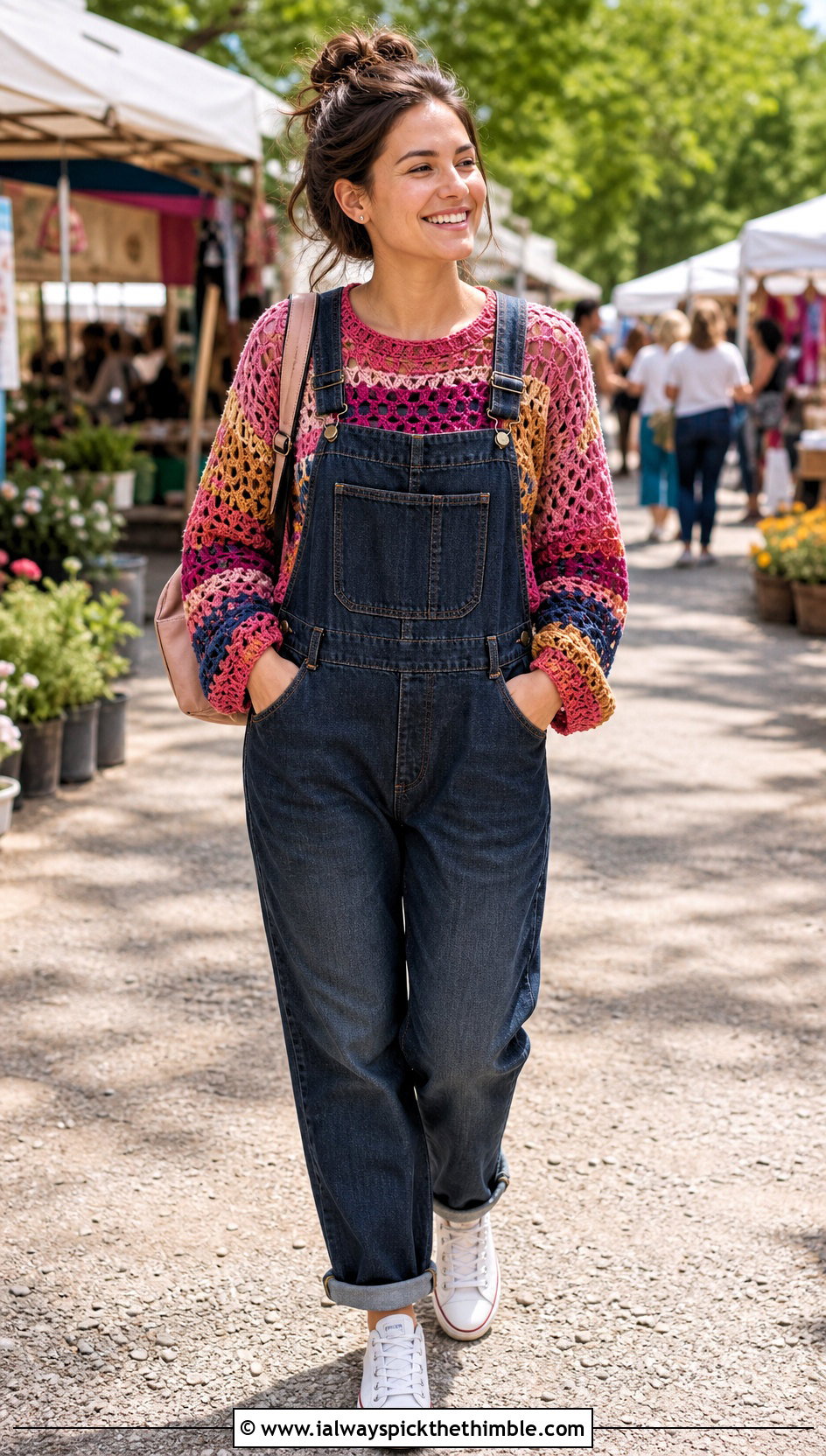 Patchwork Crochet Shirt With Denim Overalls - 25 crochet shirt for women outfit ideas