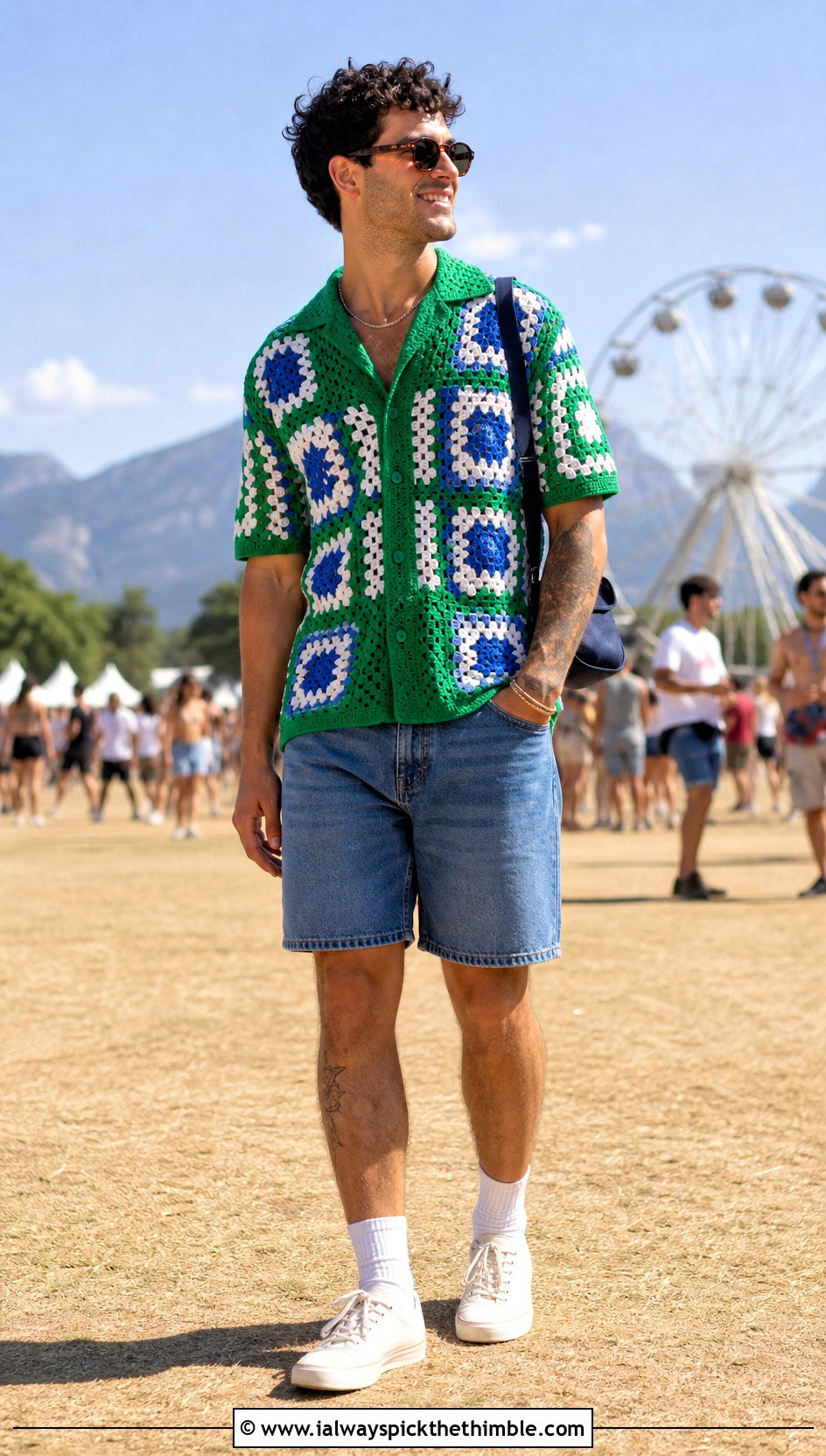 Patchwork Crochet Shirt With Denim Shorts - 15 men's crochet top outfit ideas