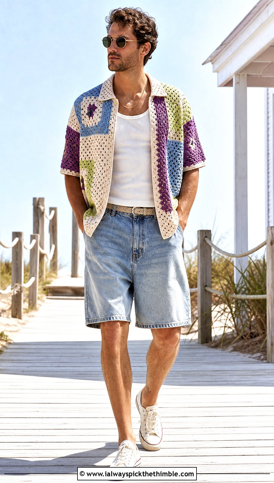 Patchwork Crochet Shirt With Faded Denim Shorts - 25 crochet male shirt outfit ideas