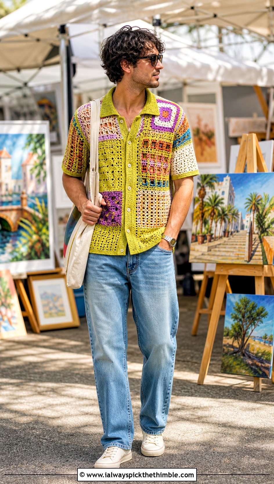 Patchwork Crochet Shirt With Faded Denim - 25 crochet shirt men outfit ideas