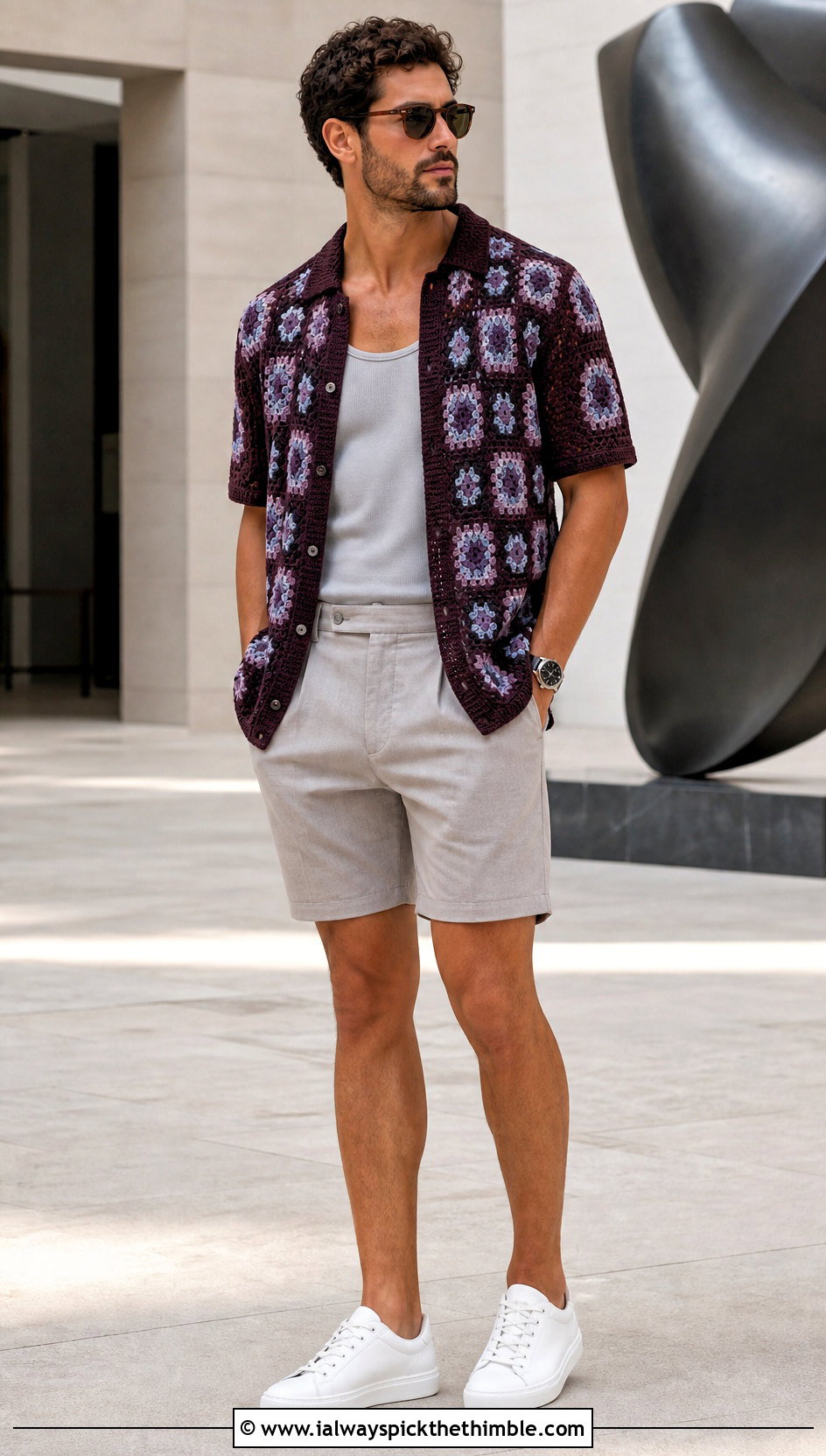 Patchwork Crochet Shirt With Neutral Shorts - 25 Mens Crochet Top outfit ideas