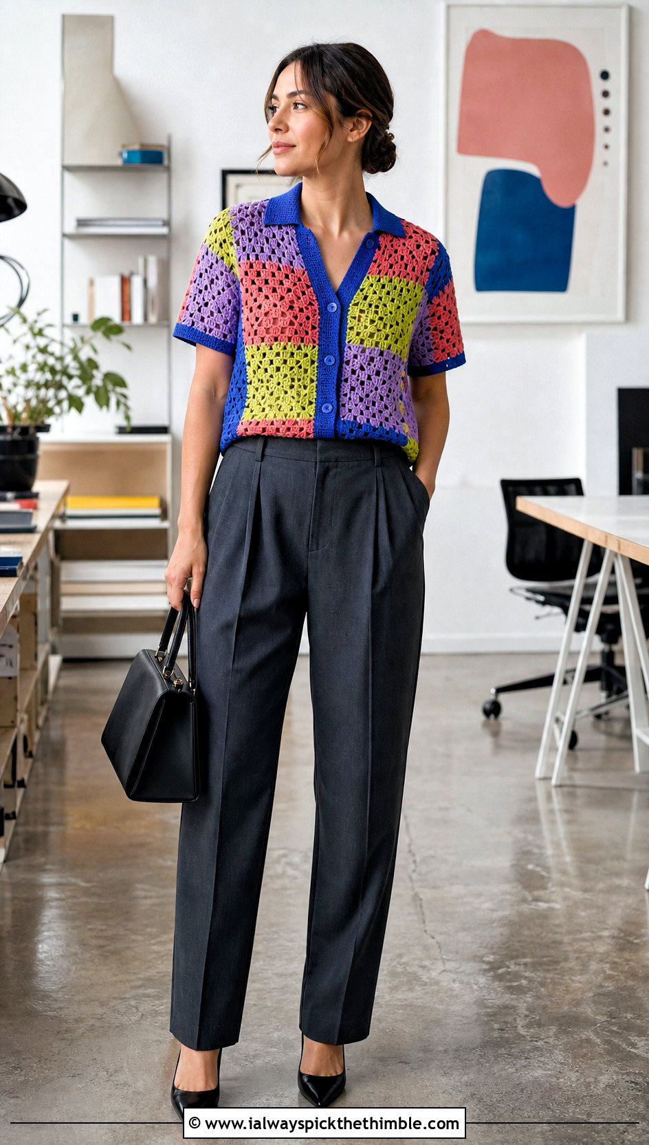 Patchwork Crochet Shirt With Suit Trousers - 15 crochet short sleeve shirt outfit ideas