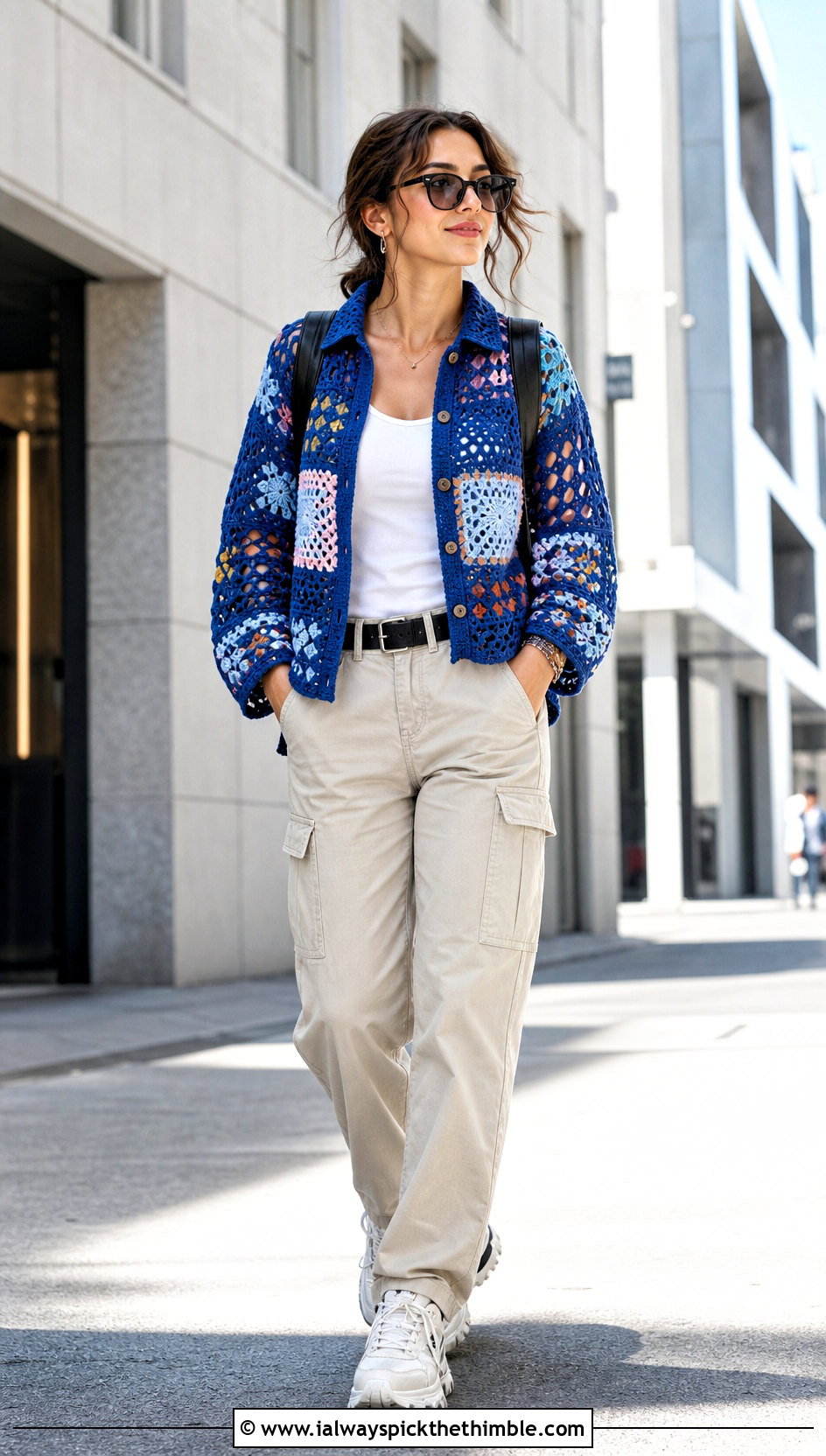 Patchwork Crochet Shirt With Utility Pants - 25 crochet shirt outfit ideas