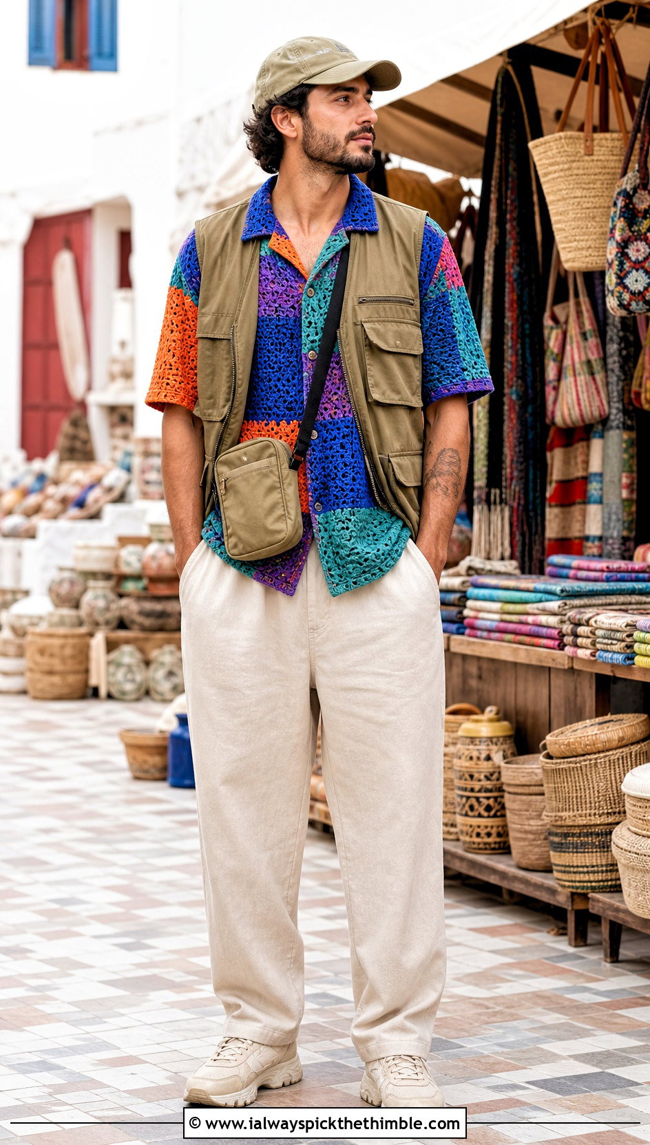 Patchwork Crochet Shirt With Utility Vest - 25 mens crochet shirt outfit ideas