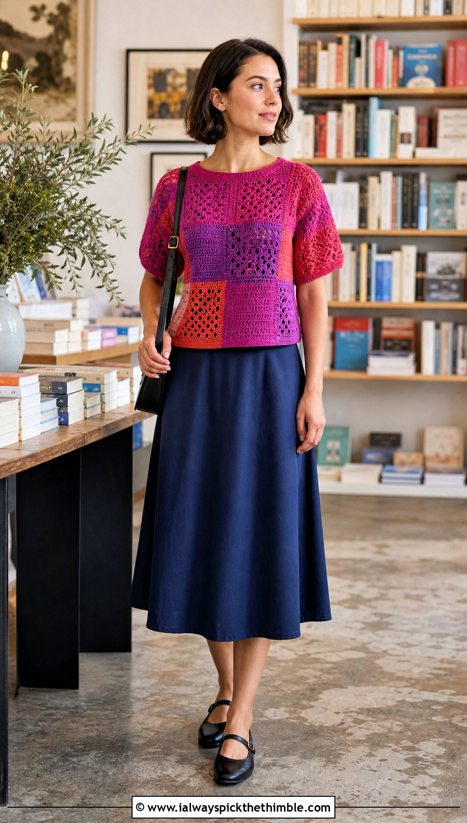 Patchwork Crochet Short Sleeve Sweater With A Line Skirt - 20 Crochet Short Sleeve Sweater outfit ideas