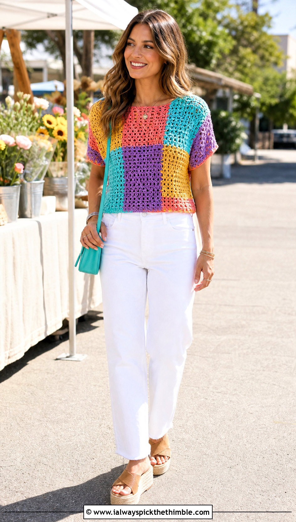 Patchwork Crochet Short Sleeve Top With White Denim - 20 crochet short sleeve top outfit ideas